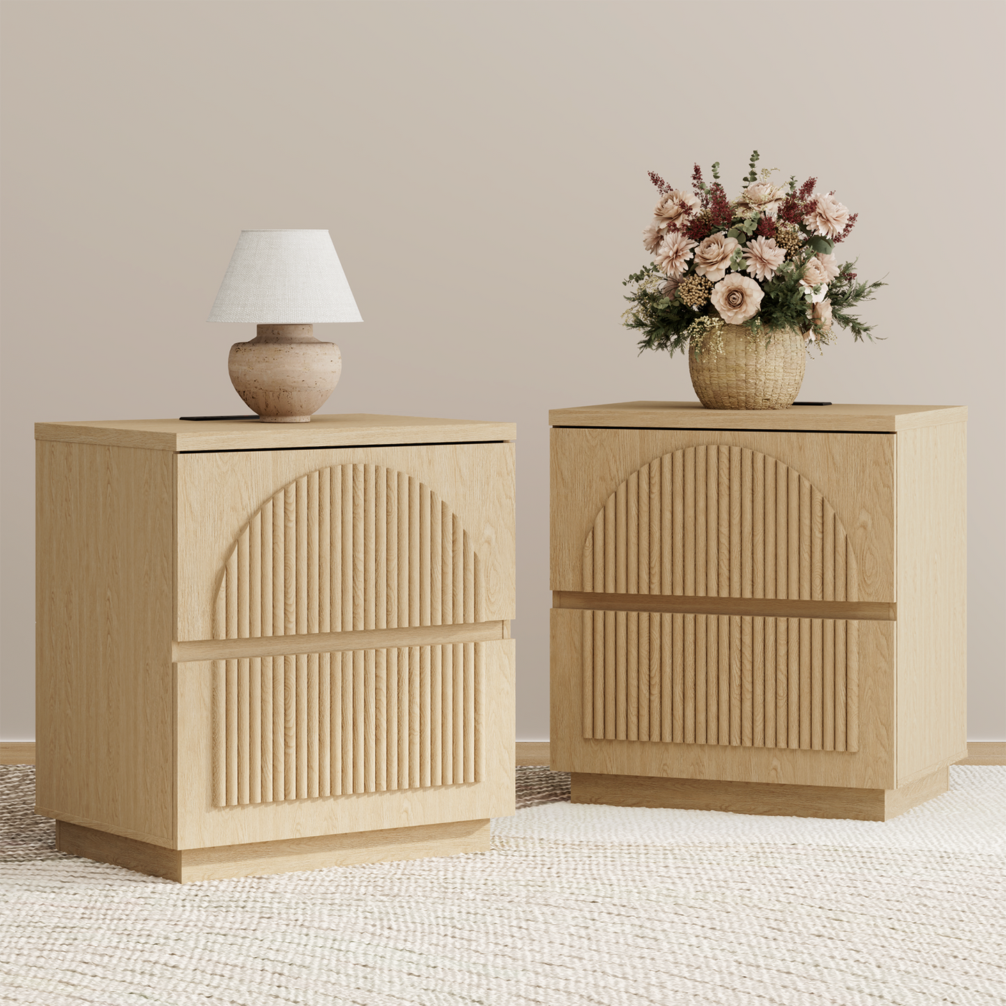 Brafabhome Wood Nightstands with Charging Station, Arched Reeded Night Stand with 2 Drawers, Modern Bedside Tables for Bedroom Living Room