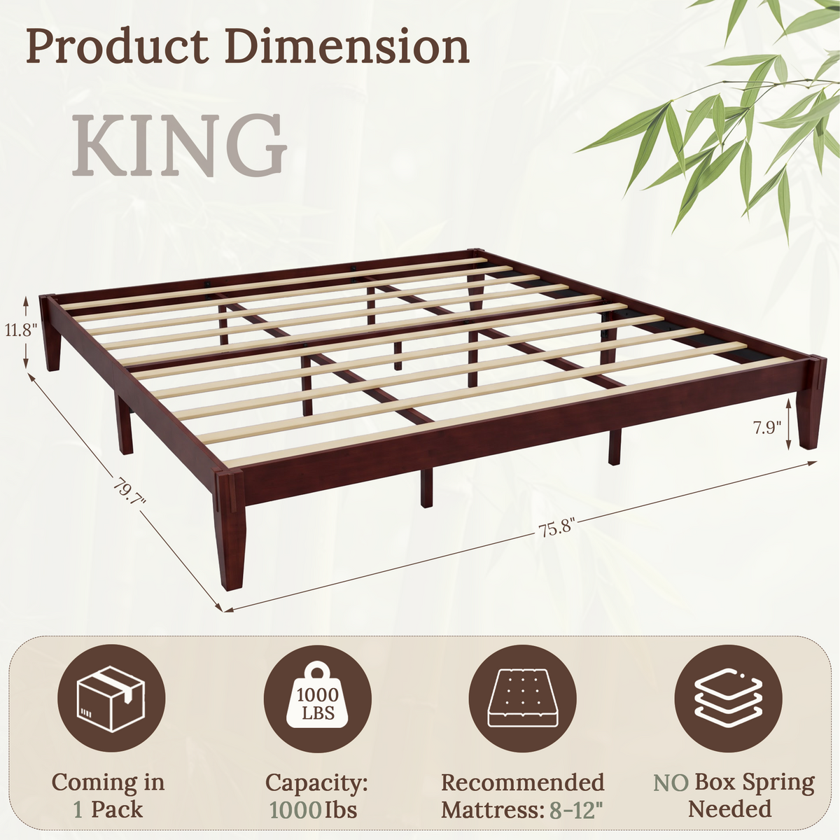 Brafabhome Bamboo Queen Platform Bed Frame with Sturdy Support Legs, Joinery Bed Frame with Noise Free Solid Wood Slats, No Box Spring Needed, Easy Assembly