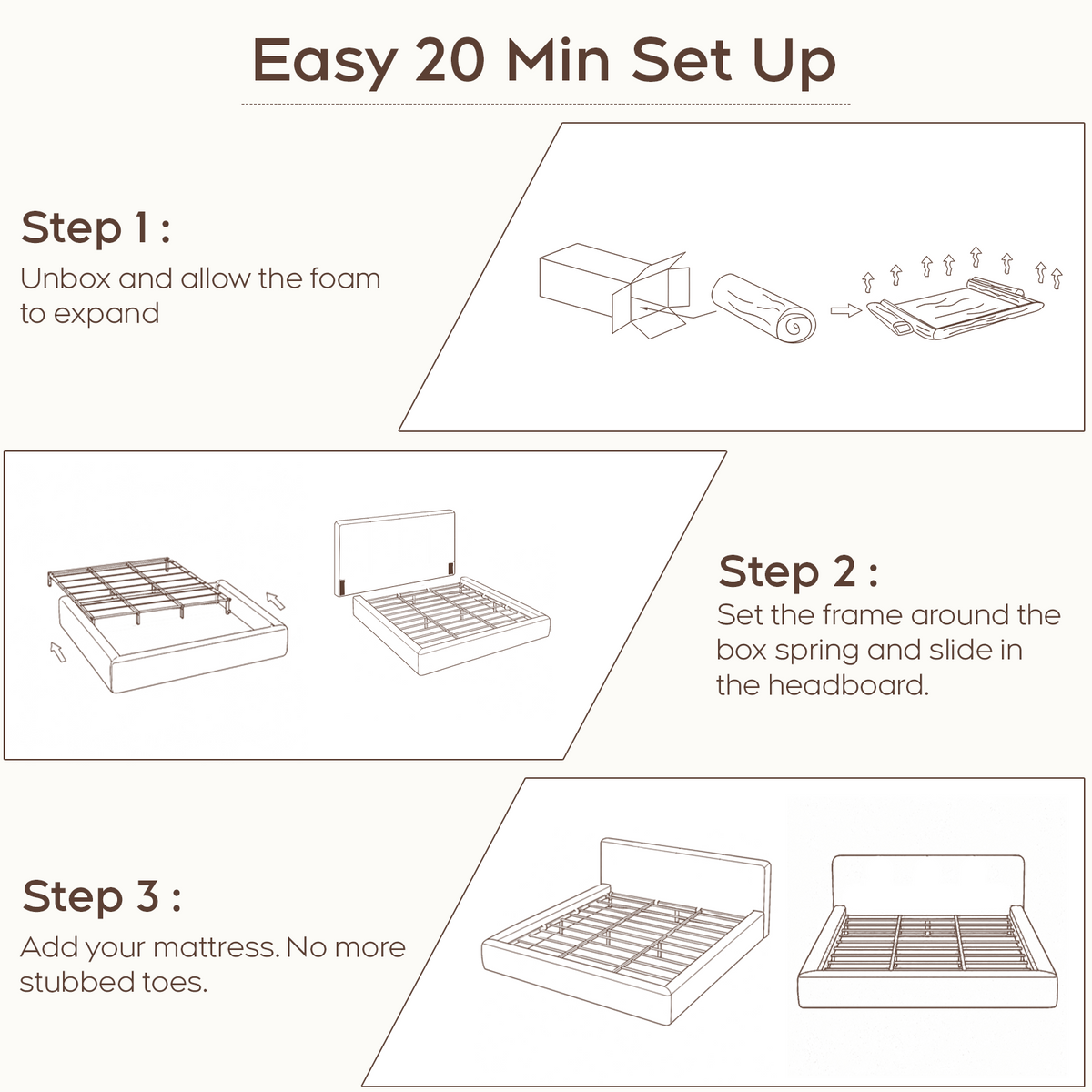 Brafabhome AirFrame Bed Frame with 5.9" Thick Headboard, Cloud Upholstered Platform Bed Frame with 5.9" Thick Upholstered Foam Frame, No Box Spring Needed, Easy Assembly