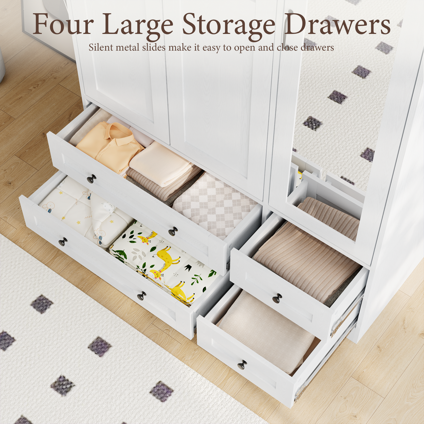 Brafabhome 71"H Wooden Armoire Wardrobe Closet with 4 Drawers, 3 Doors Modern Wardrobe Cabinet with Mirror and Adjustable Shelf for Clothes Coats, White