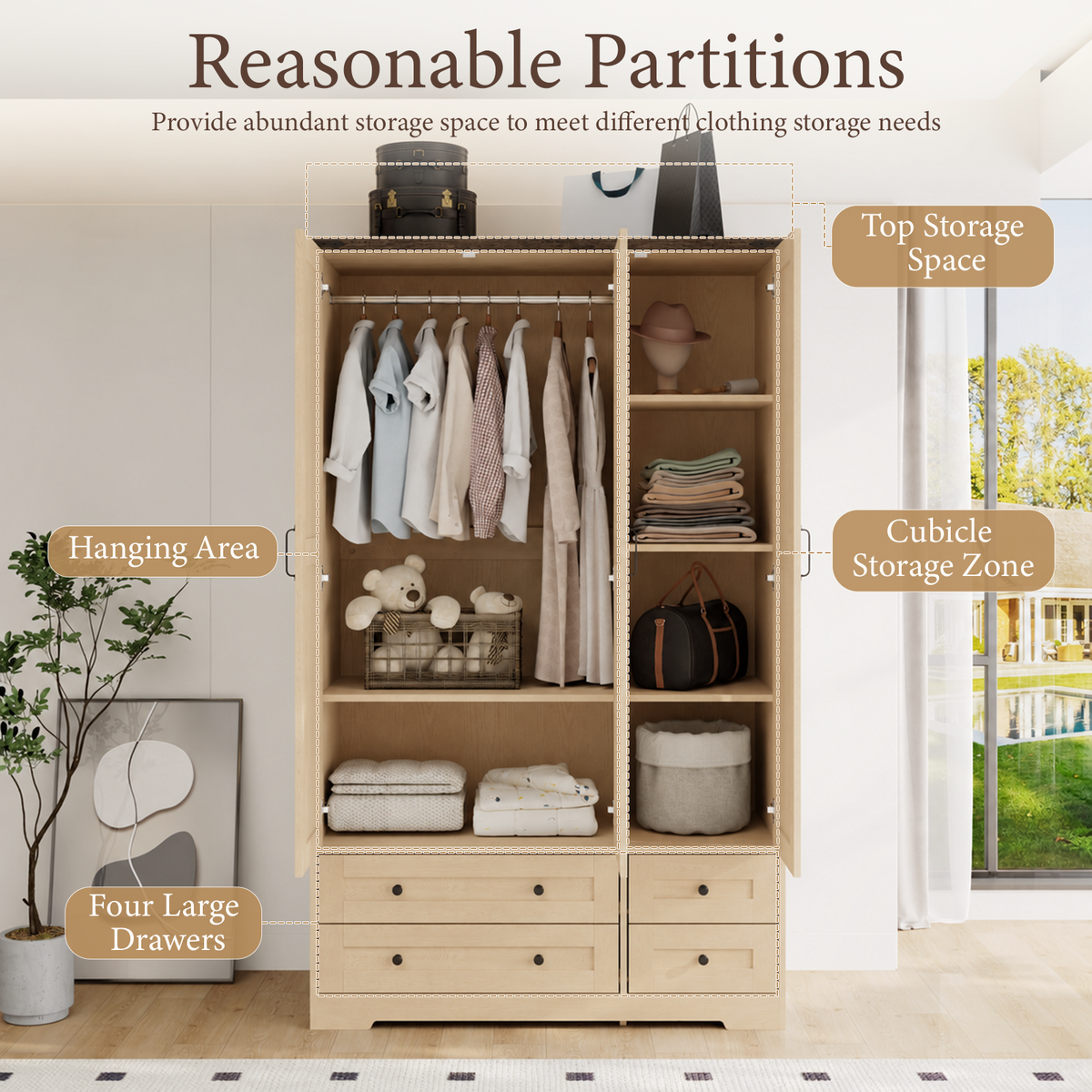 Brafabhome 71"H Wooden Armoire Wardrobe Closet with 4 Drawers, 3 Doors Modern Wardrobe Cabinet with Mirror and Adjustable Shelf for Clothes Coats, White