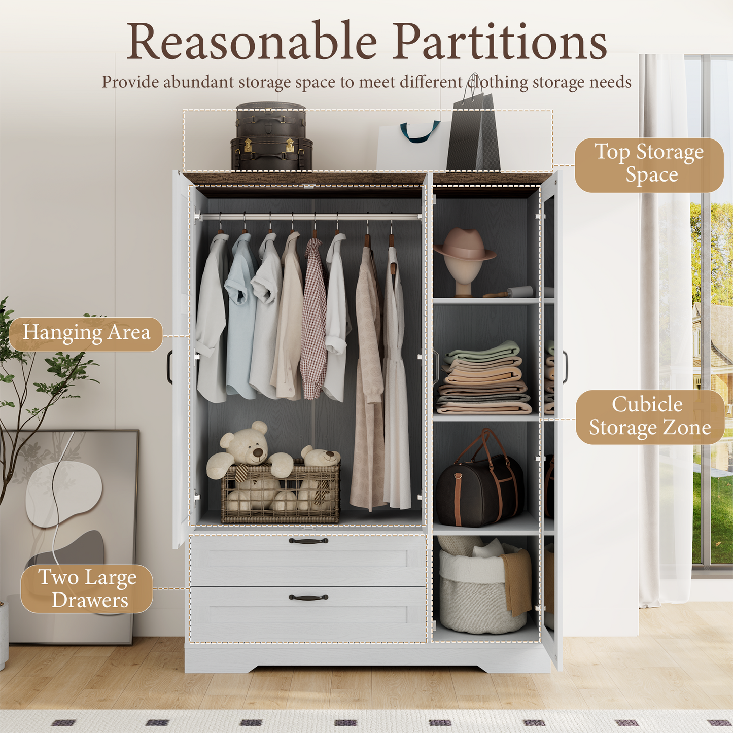 Brafabhome 62"H Wooden Armoire Wardrobe Closet with 2 Drawers, 3 Doors Modern Wardrobe Cabinet with Mirror and Adjustable Shelf for Clothes Coats