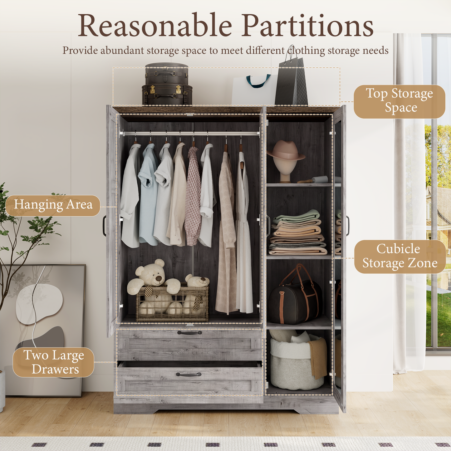 Brafabhome 62"H Wooden Armoire Wardrobe Closet with 2 Drawers, 3 Doors Modern Wardrobe Cabinet with Mirror and Adjustable Shelf for Clothes Coats