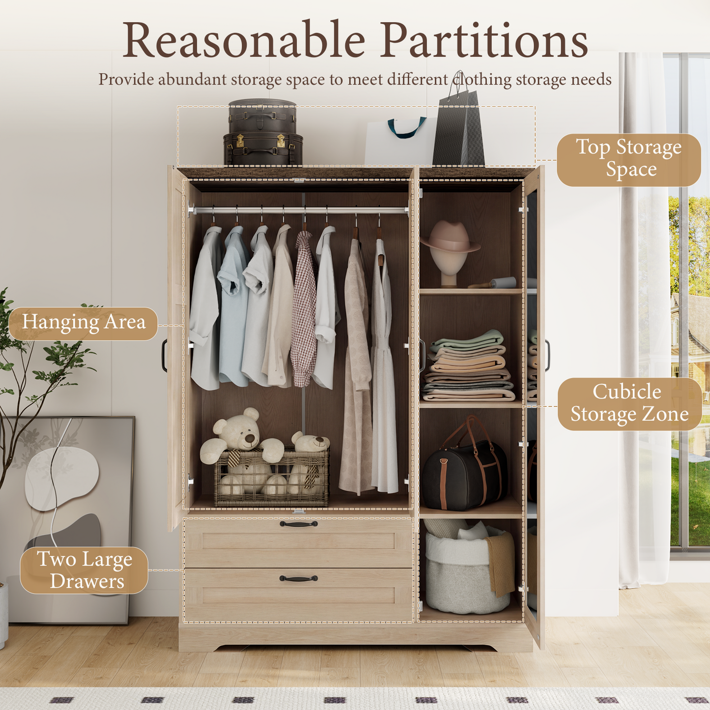 Brafabhome 62"H Wooden Armoire Wardrobe Closet with 2 Drawers, 3 Doors Modern Wardrobe Cabinet with Mirror and Adjustable Shelf for Clothes Coats