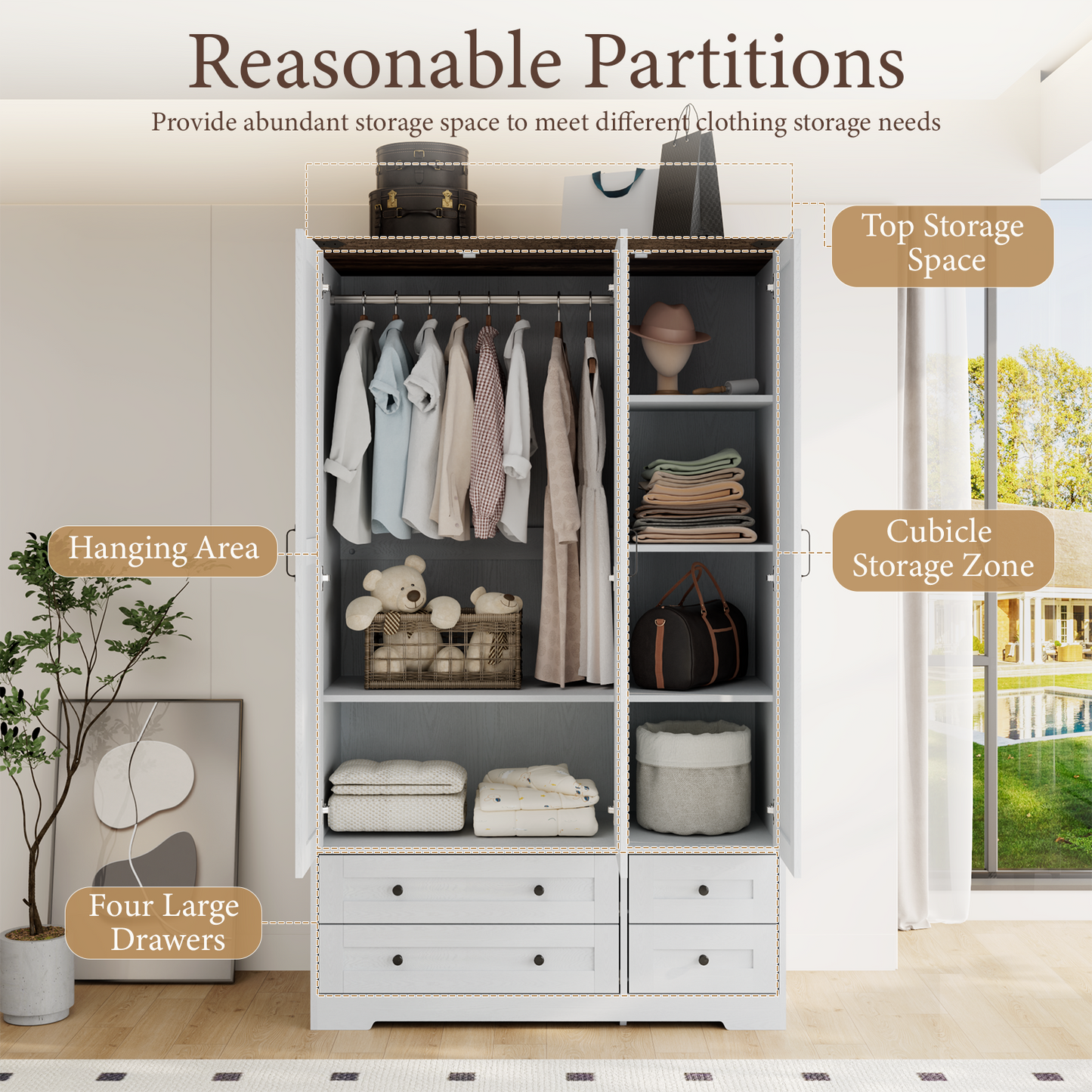 Brafabhome 71"H Wooden Armoire Wardrobe Closet with 4 Drawers, 3 Doors Modern Wardrobe Cabinet with Mirror and Adjustable Shelf for Clothes Coats, White