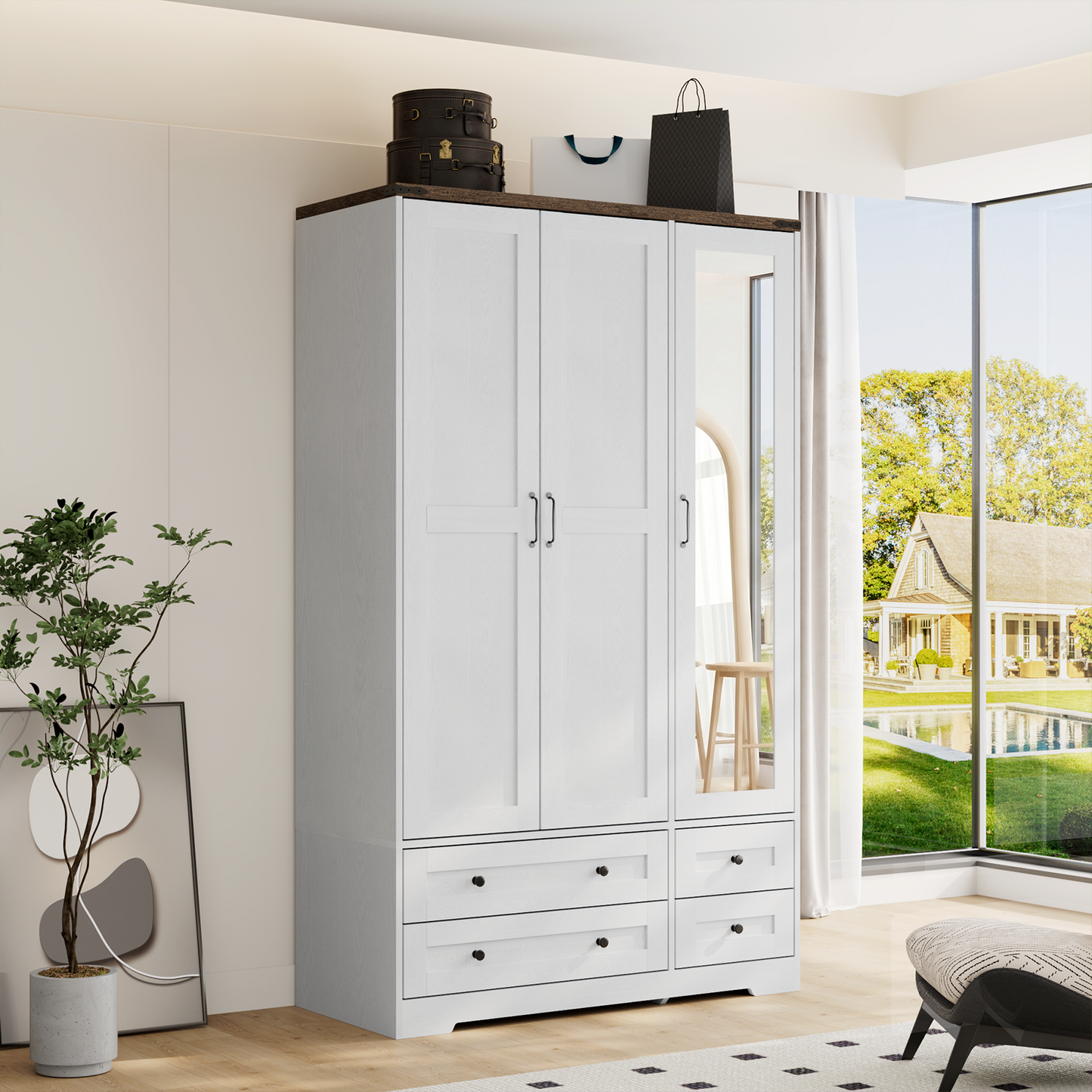 Brafabhome 71"H Wooden Armoire Wardrobe Closet with 4 Drawers, 3 Doors Modern Wardrobe Cabinet with Mirror and Adjustable Shelf for Clothes Coats, White