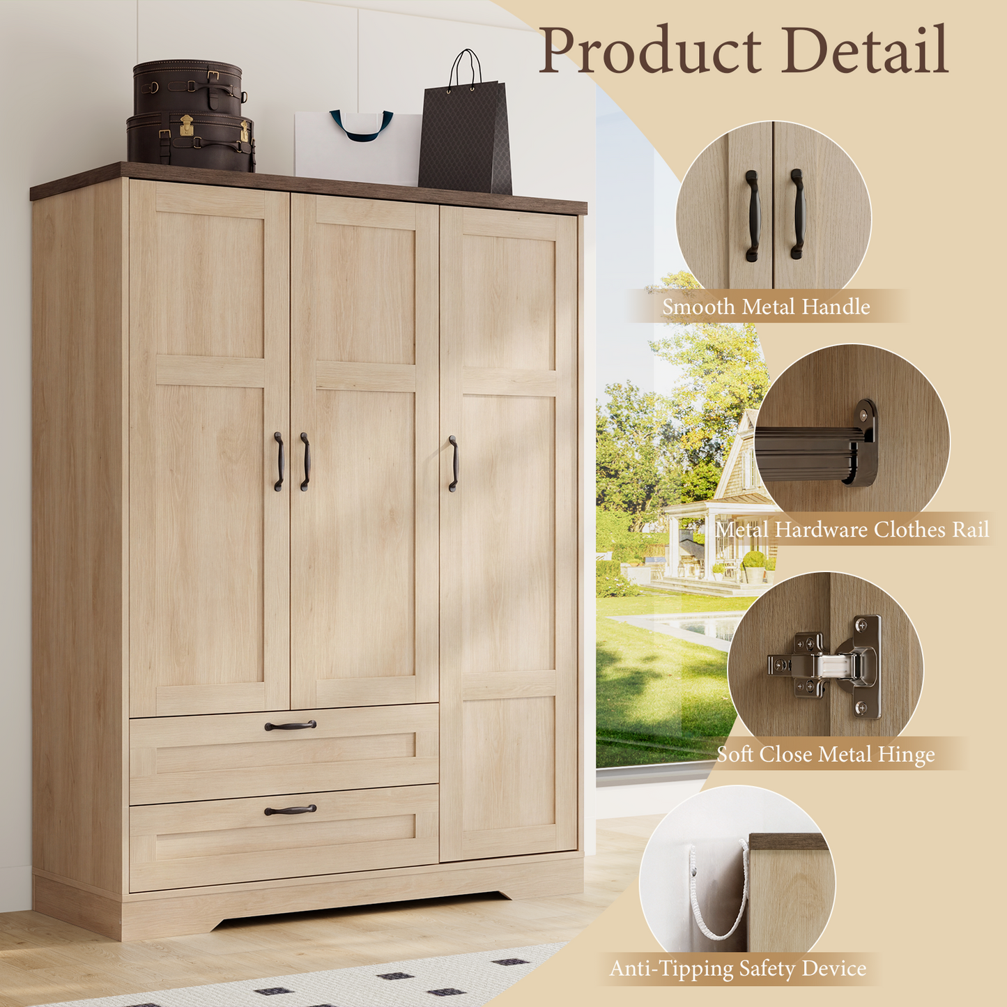 Brafabhome 62"H Wooden Armoire Wardrobe Closet with 2 Drawers, 3 Doors Modern Wardrobe Cabinet with Mirror and Adjustable Shelf for Clothes Coats