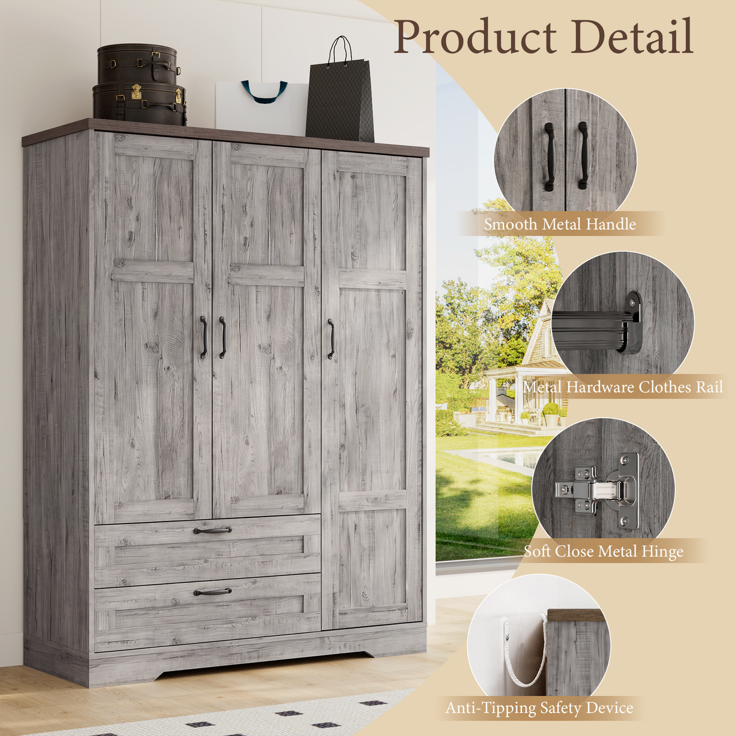 Brafabhome 62"H Wooden Armoire Wardrobe Closet with 2 Drawers, 3 Doors Modern Wardrobe Cabinet with Mirror and Adjustable Shelf for Clothes Coats