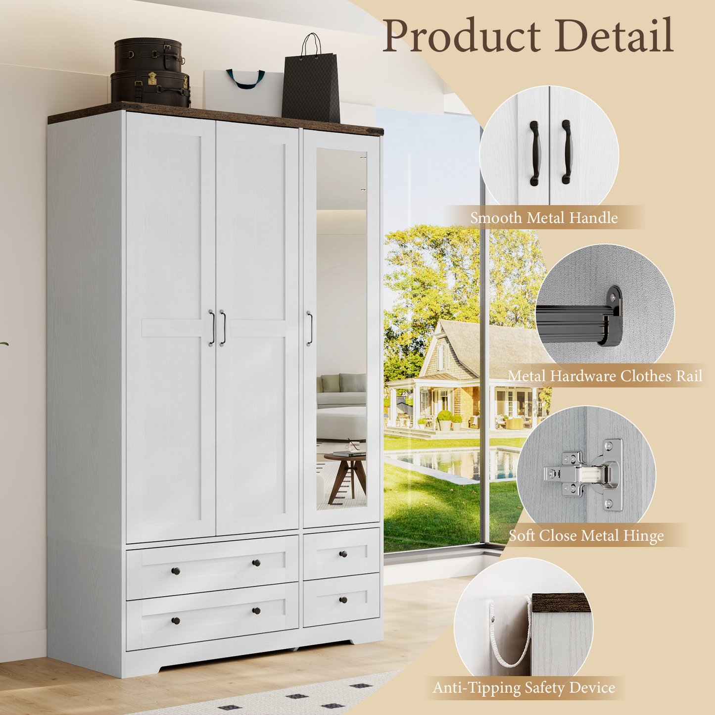 Brafabhome 71"H Wooden Armoire Wardrobe Closet with 4 Drawers, 3 Doors Modern Wardrobe Cabinet with Mirror and Adjustable Shelf for Clothes Coats, White