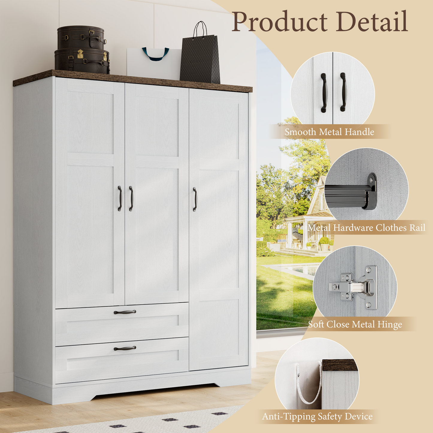 Brafabhome 62"H Wooden Armoire Wardrobe Closet with 2 Drawers, 3 Doors Modern Wardrobe Cabinet with Mirror and Adjustable Shelf for Clothes Coats