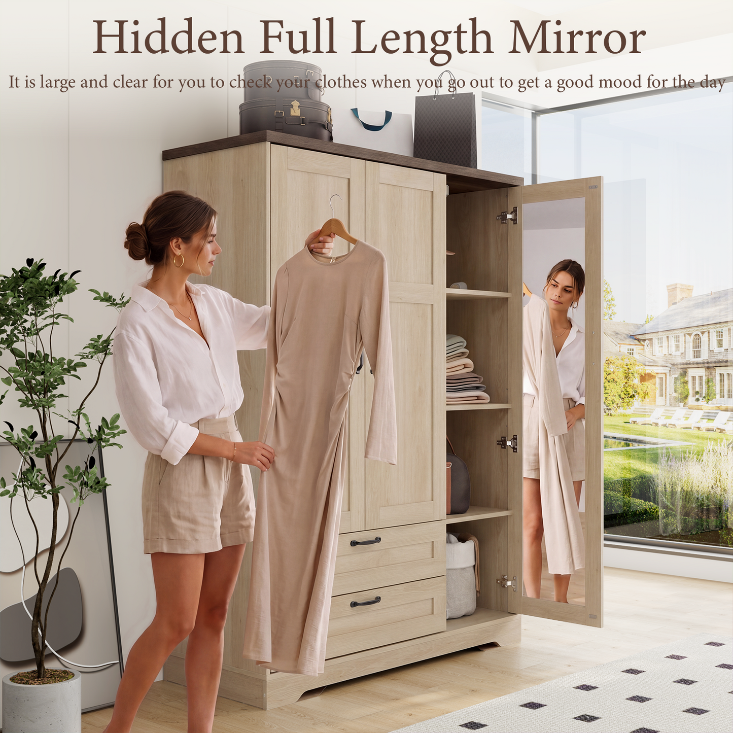 Brafabhome 62"H Wooden Armoire Wardrobe Closet with 2 Drawers, 3 Doors Modern Wardrobe Cabinet with Mirror and Adjustable Shelf for Clothes Coats