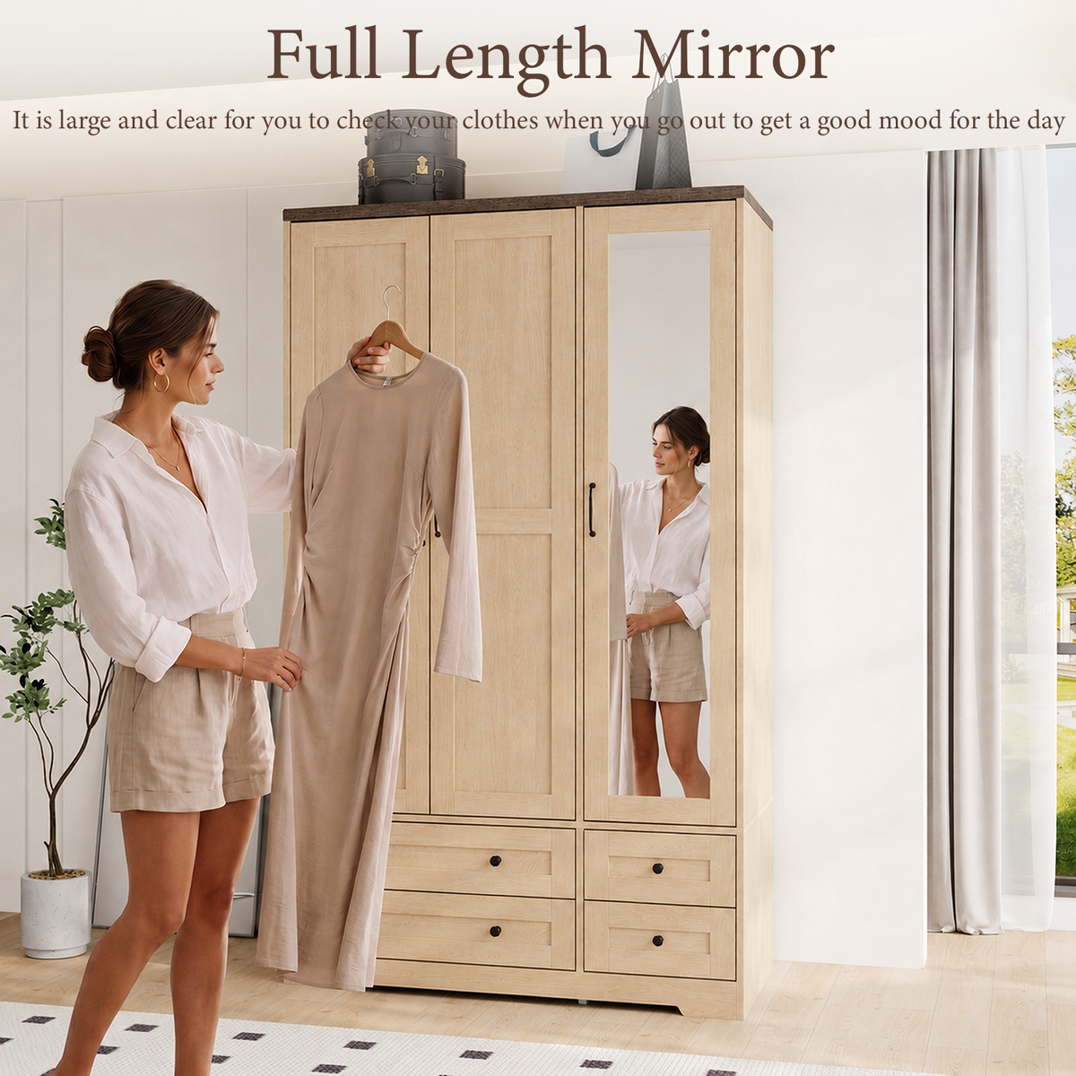 Brafabhome 71"H Wooden Armoire Wardrobe Closet with 4 Drawers, 3 Doors Modern Wardrobe Cabinet with Mirror and Adjustable Shelf for Clothes Coats, White