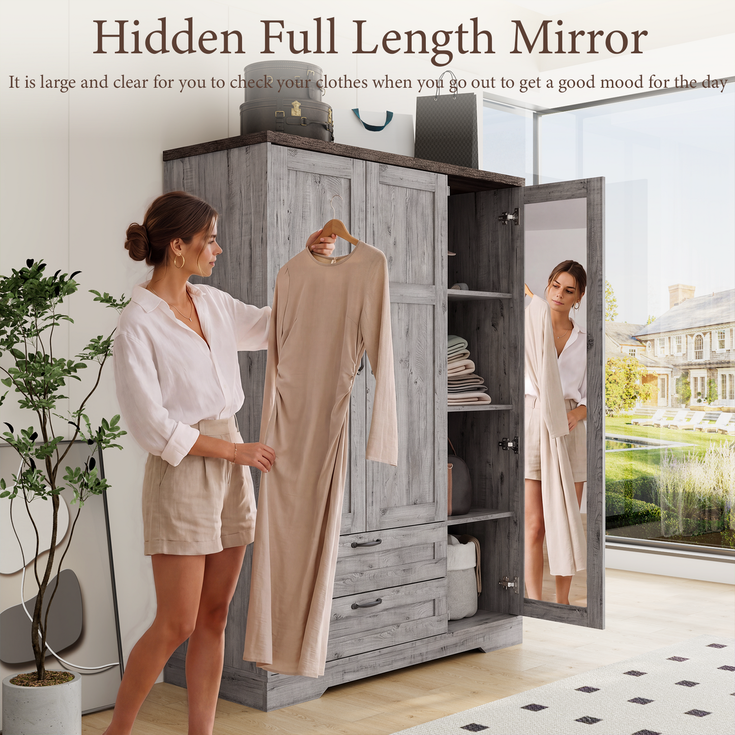Brafabhome 62"H Wooden Armoire Wardrobe Closet with 2 Drawers, 3 Doors Modern Wardrobe Cabinet with Mirror and Adjustable Shelf for Clothes Coats