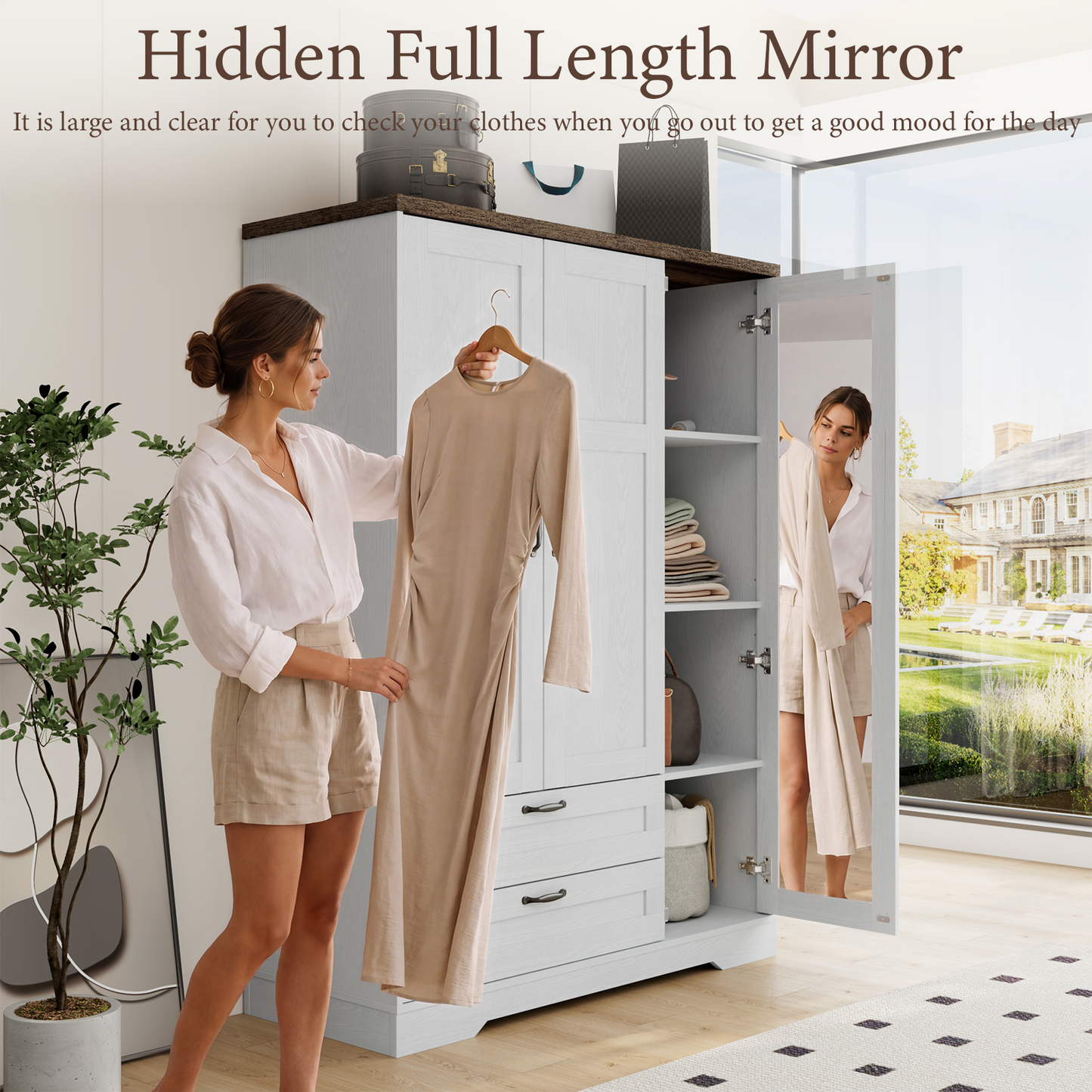 Brafabhome 62"H Wooden Armoire Wardrobe Closet with 2 Drawers, 3 Doors Modern Wardrobe Cabinet with Mirror and Adjustable Shelf for Clothes Coats
