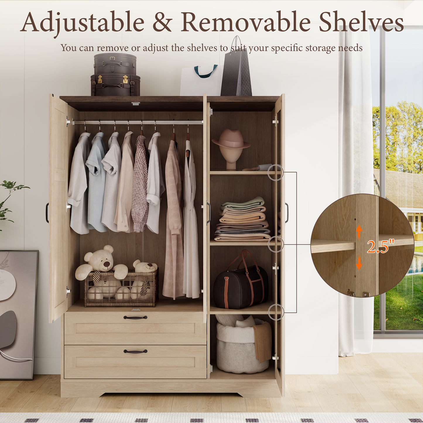 Brafabhome 62"H Wooden Armoire Wardrobe Closet with 2 Drawers, 3 Doors Modern Wardrobe Cabinet with Mirror and Adjustable Shelf for Clothes Coats