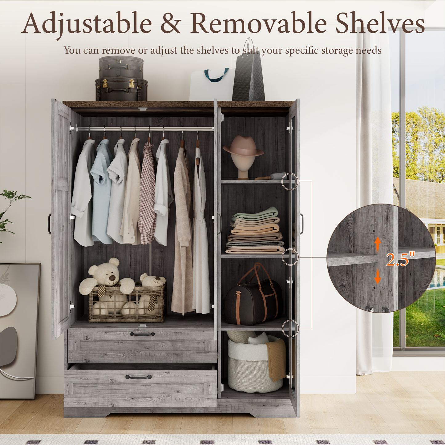 Brafabhome 62"H Wooden Armoire Wardrobe Closet with 2 Drawers, 3 Doors Modern Wardrobe Cabinet with Mirror and Adjustable Shelf for Clothes Coats