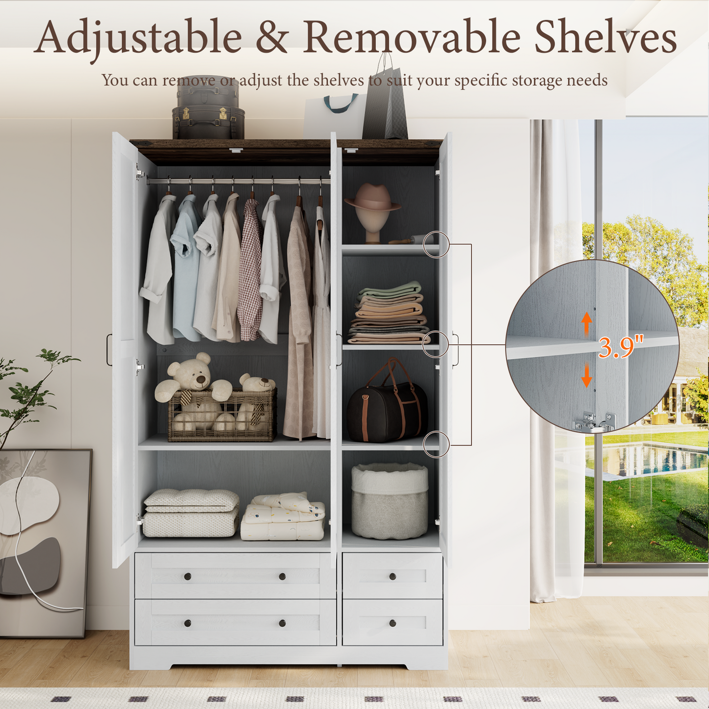 Brafabhome 71"H Wooden Armoire Wardrobe Closet with 4 Drawers, 3 Doors Modern Wardrobe Cabinet with Mirror and Adjustable Shelf for Clothes Coats, White