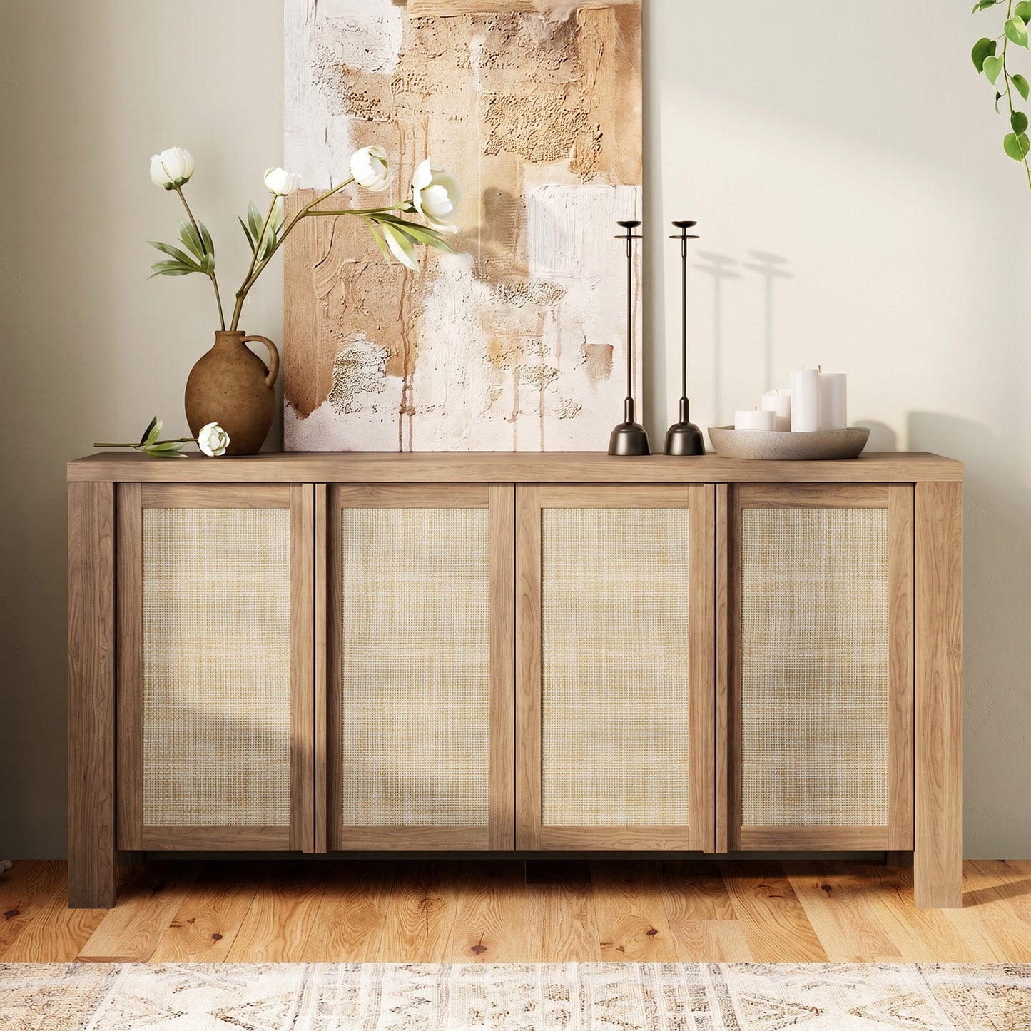 Brafabhome 63" Wide Sideboard with Solid Wood Handles, 4 Doors Buffet Cabinet with Storage Shelf for Living Room, Dining Room, Entryway
