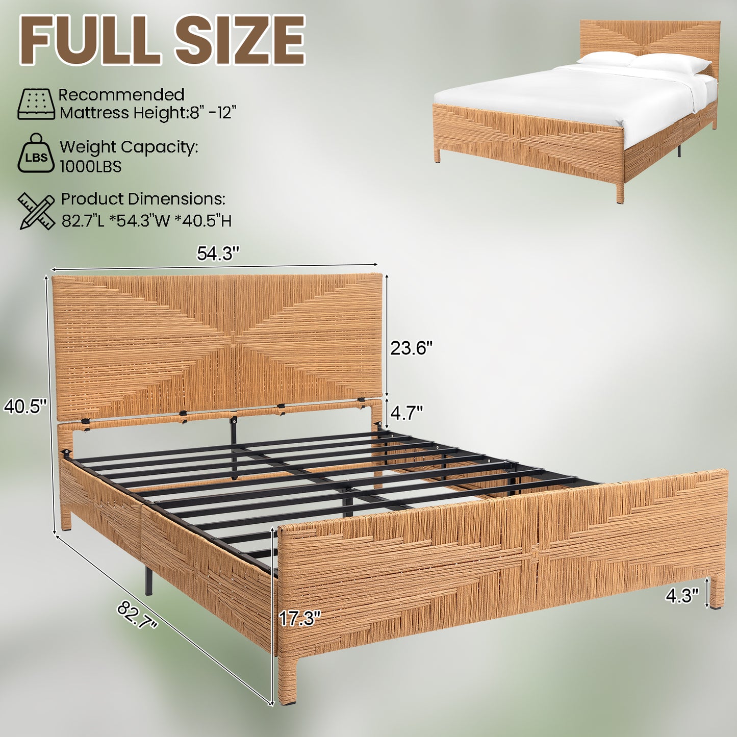 Brafabhome Bohemian Bed Frame with Hand-Woven Rattan Headboard and Footboard, No Box Spring Needed, 1000lbs