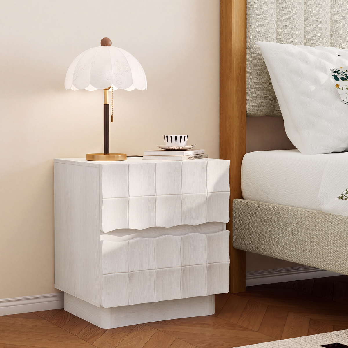 Brafabhome Fast Charing Nightstands with 2 Drawers, Wooden Bedside Table with Artistic 3D Embossed Panel, Farmhouse Night Stand with Storage for Bedroom