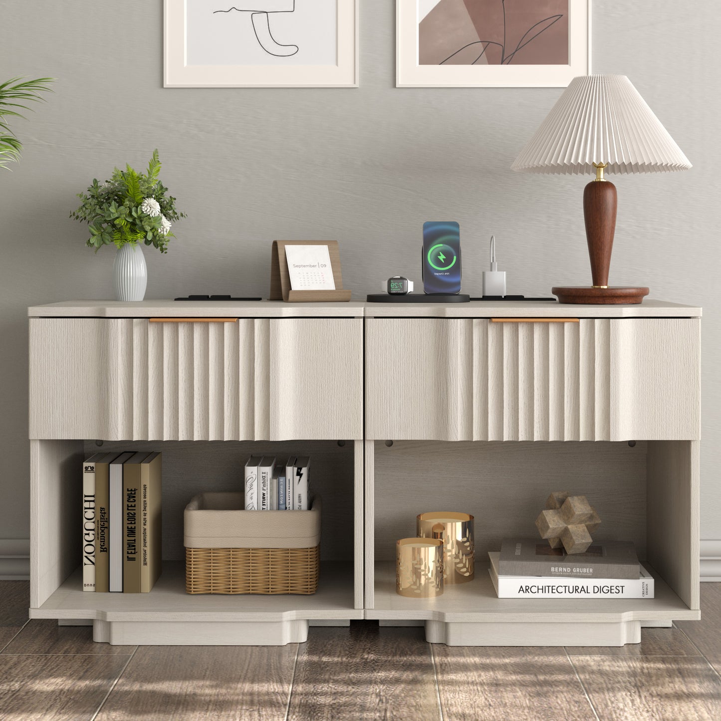 rafabhome Curved Profile Fluted Nightstand with Charging Station, Modern Large Nightstands with Drawer, Wood Bedside Table with Open Shelf for Bedroom Living Room Home Office