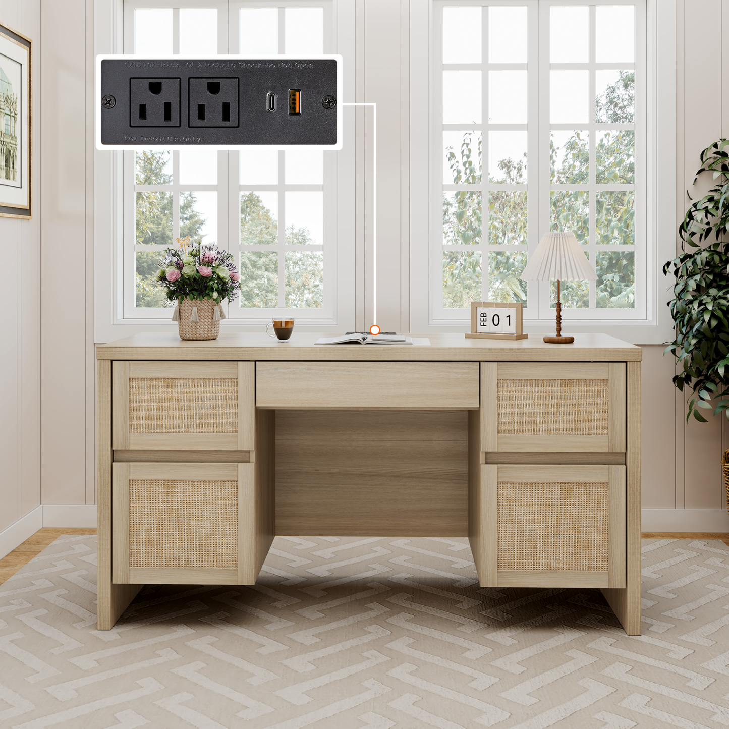 Brafabhome 57" Rattan Executive Desk with 5 Storage Drawers, Modern Study Writing Table Wooden Computer Desks with Charging Station for Home Office Bedroom