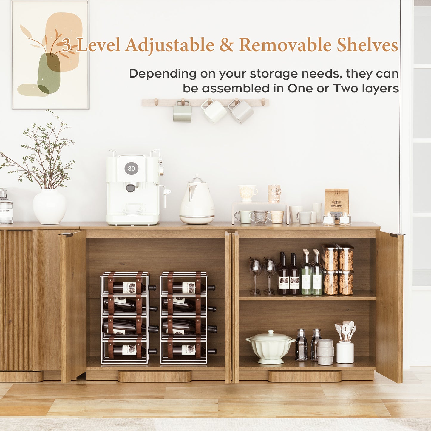 Brafabhome Fluted Buffet Cabinet with Storage, Accent Sideboard Credenza with Adjustable Shelves, Modern Curved Media Console Coffee Bar Table for Living Kitchen Dining Room