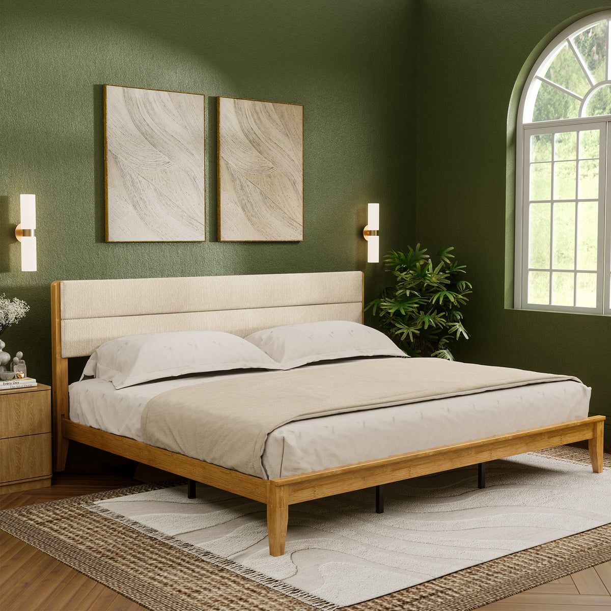 Brafabhome Bed Frame with Upholstered Headboard, Joinery Bamboo Wood Platform Bed with Noise Free Wood Slats, No Box Spring Needed, Easy Assembly