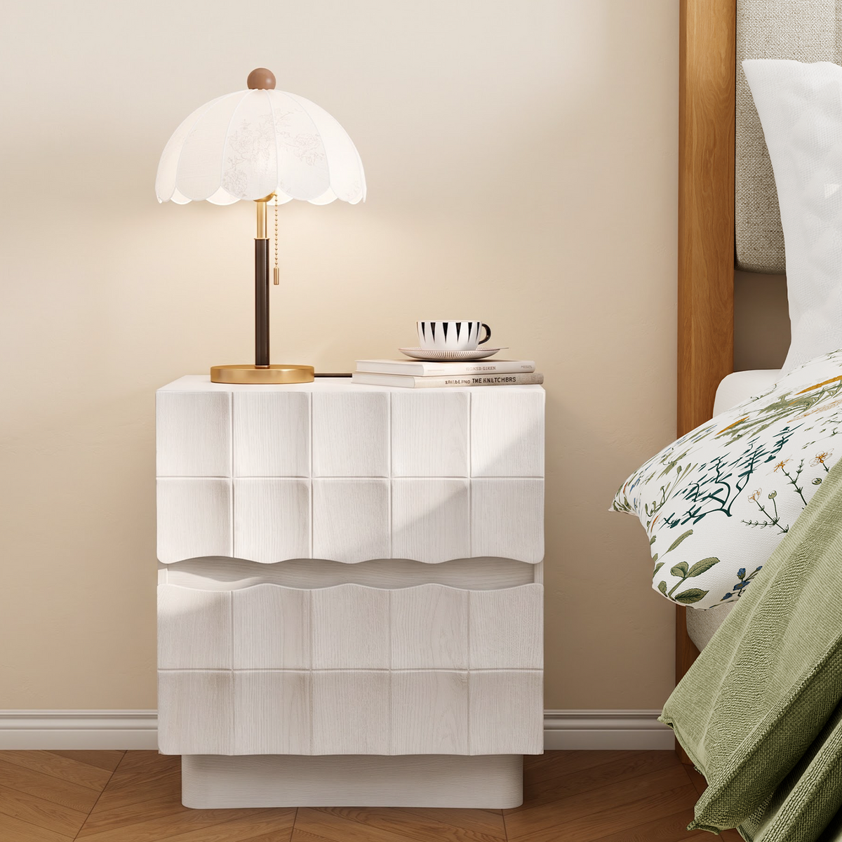 Brafabhome Fast Charing Nightstands with 2 Drawers, Wooden Bedside Table with Artistic 3D Embossed Panel, Farmhouse Night Stand with Storage for Bedroom