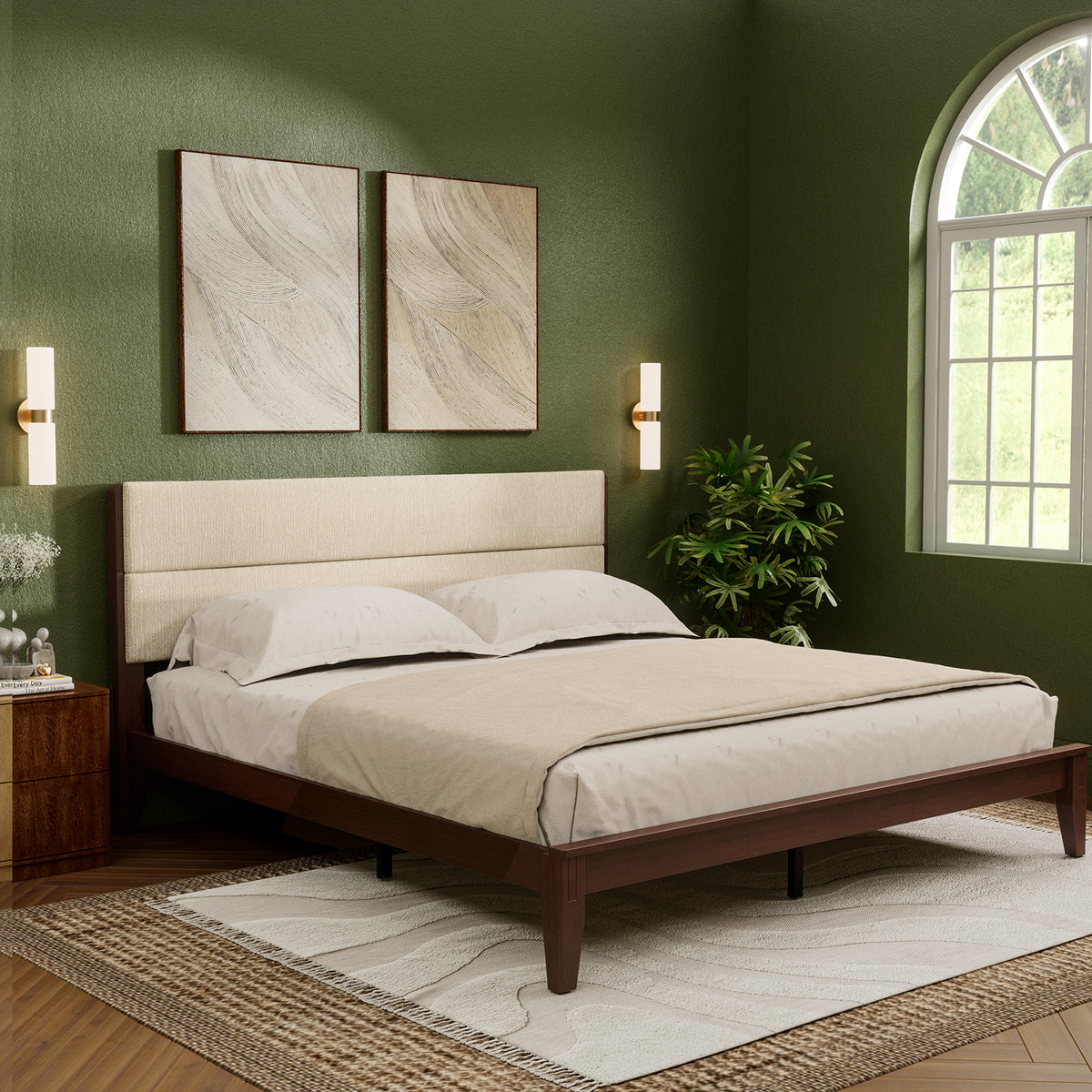 Brafabhome Bed Frame with Upholstered Headboard, Joinery Bamboo Wood Platform Bed with Noise Free Wood Slats, No Box Spring Needed, Easy Assembly