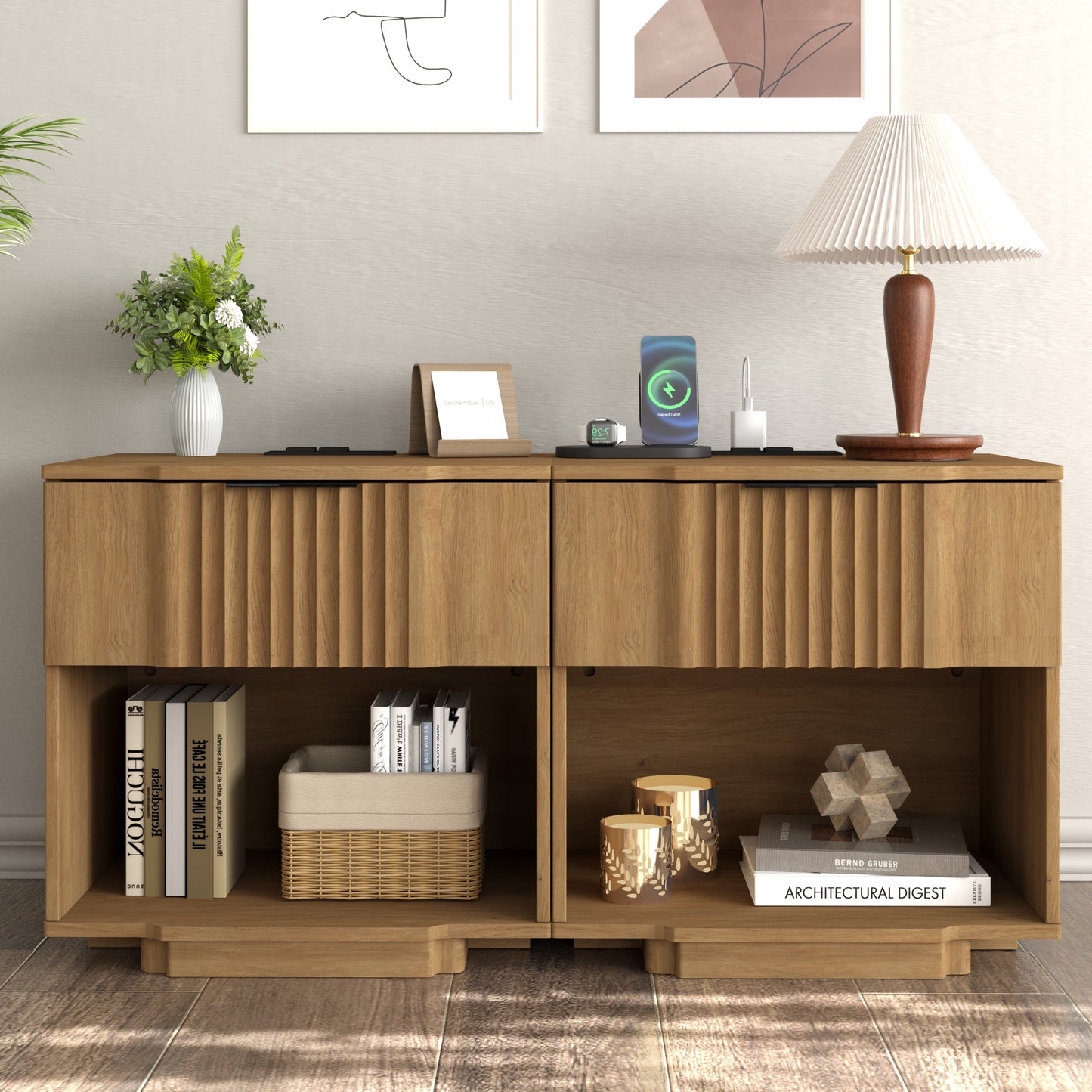 rafabhome Curved Profile Fluted Nightstand with Charging Station, Modern Large Nightstands with Drawer, Wood Bedside Table with Open Shelf for Bedroom Living Room Home Office
