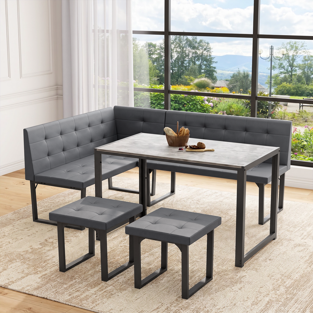 Brafabhome 5 Piece 70 Inch Corner Dining Table Set, Modern L-Shaped Breakfast Nook with Upholstered Banquette, Kitchen Table with Storage for 6, Easy Assembly | Gray