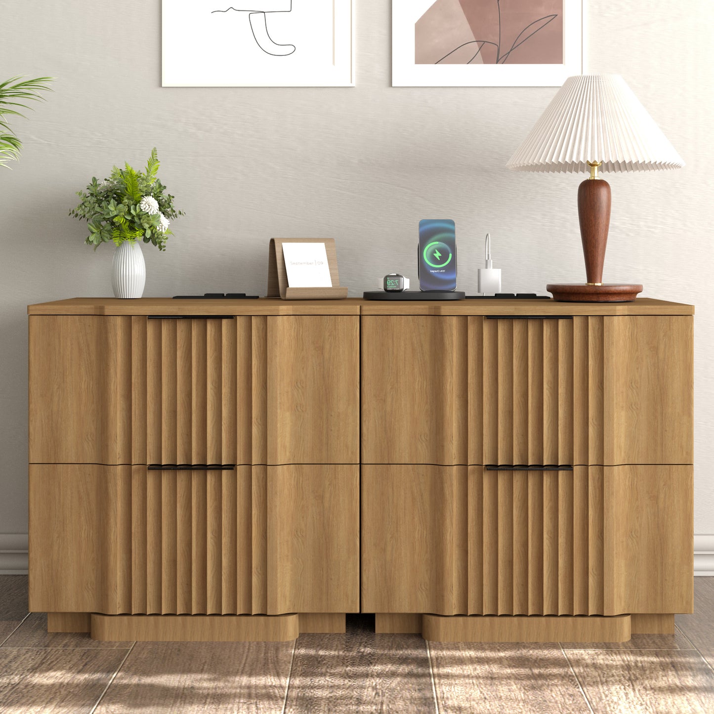 rafabhome Curved Profile Fluted Nightstand with Charging Station, Modern Large Nightstands with Drawer, Wood Bedside Table with Open Shelf for Bedroom Living Room Home Office