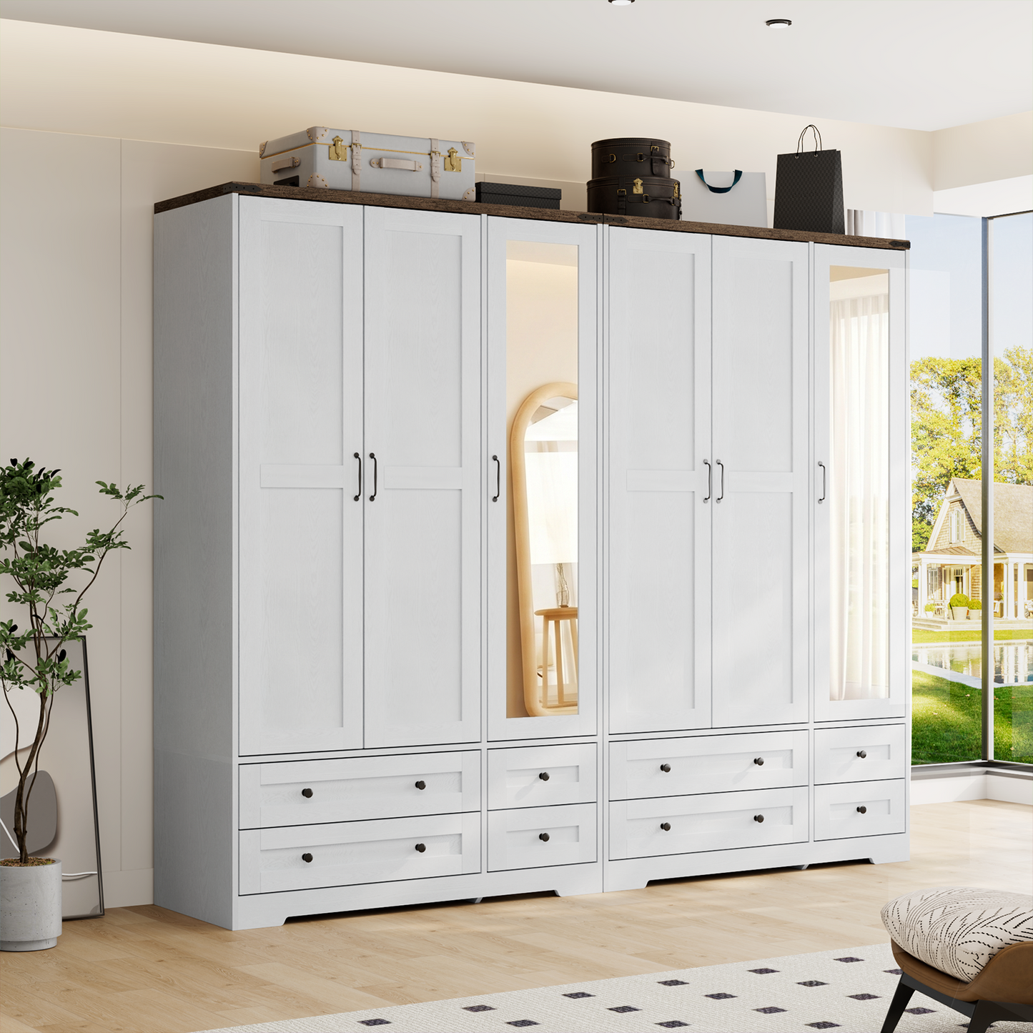 Brafabhome 71"H Wooden Armoire Wardrobe Closet with 4 Drawers, 3 Doors Modern Wardrobe Cabinet with Mirror and Adjustable Shelf for Clothes Coats, White