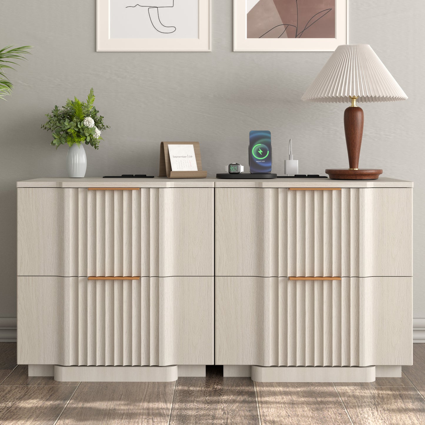 rafabhome Curved Profile Fluted Nightstand with Charging Station, Modern Large Nightstands with Drawer, Wood Bedside Table with Open Shelf for Bedroom Living Room Home Office