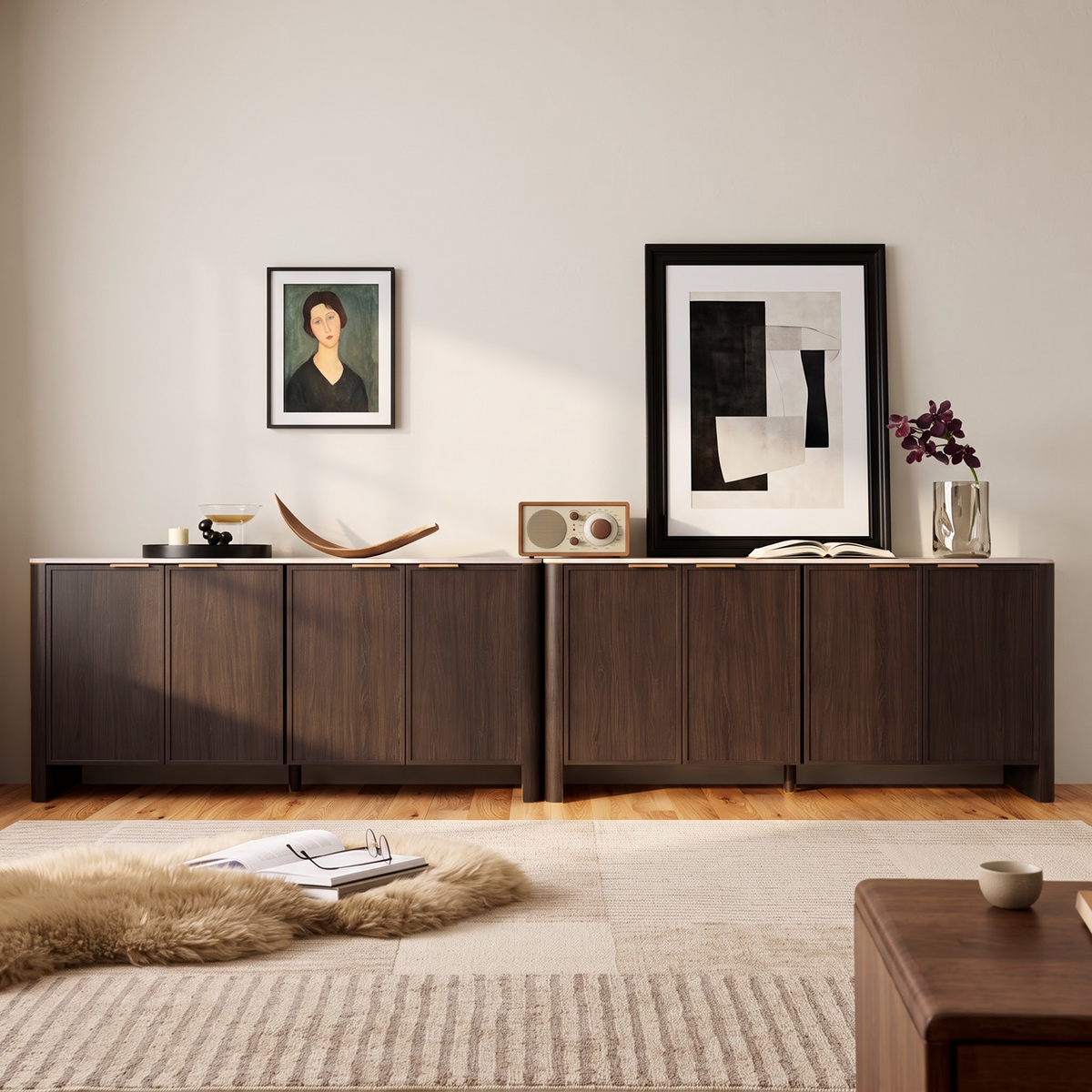 Brafabhome Modern Curved Buffet Cabinet with Storage, 63" Wide Wooden Modular Sideboard Cabinet with Faux Marble Top & Adjustable Shelf for Living Room Dining Room