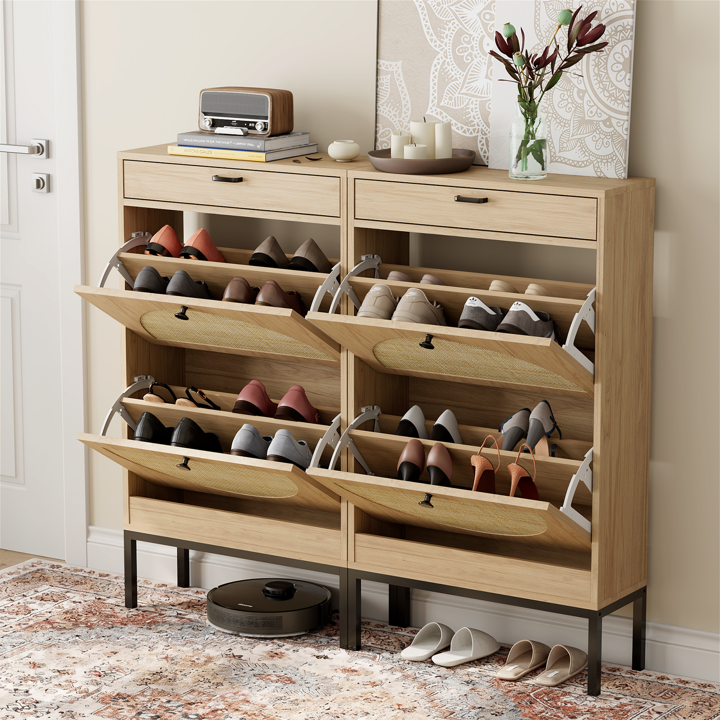 Brafabhome Narrow Shoe Storage Cabinet with 2 Flip Drawers, Rattan Floor Shoe Holder with Shelves & Sturdy Legs for Entryway | 12 Pairs