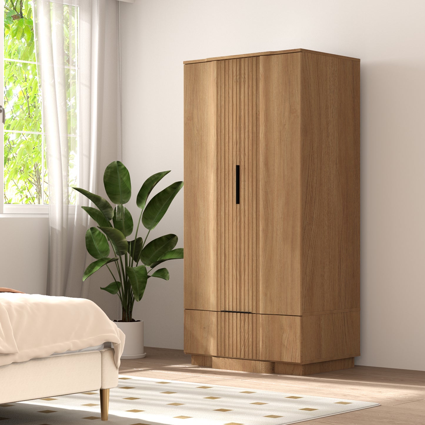 Brafabhome 64" Fluted Armoire Wardrobe Closet with Drawer, Wooden Fluted Doors Wardrobe Cabinet with Adjustable Shelf for Bedroom