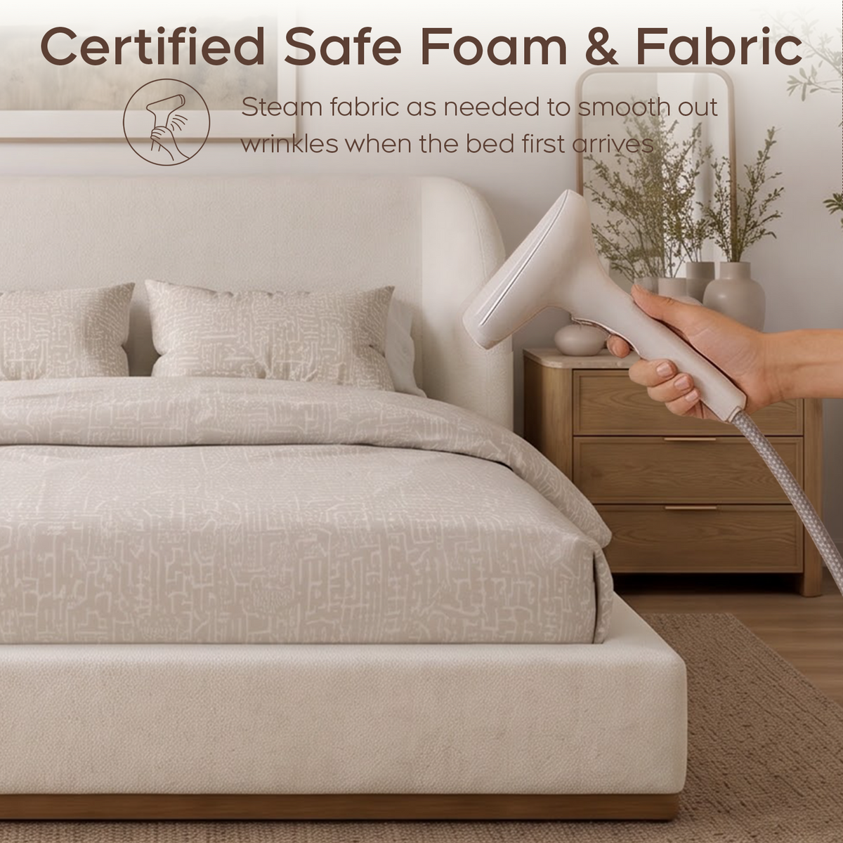 Brafabhome Cloud Bed Frame with Sculpted Wingback Headboard, Upholstered Platform Bed Frame with Wood-Grain Leather-Look Contrast, No Box Spring Needed, Easy Assembly