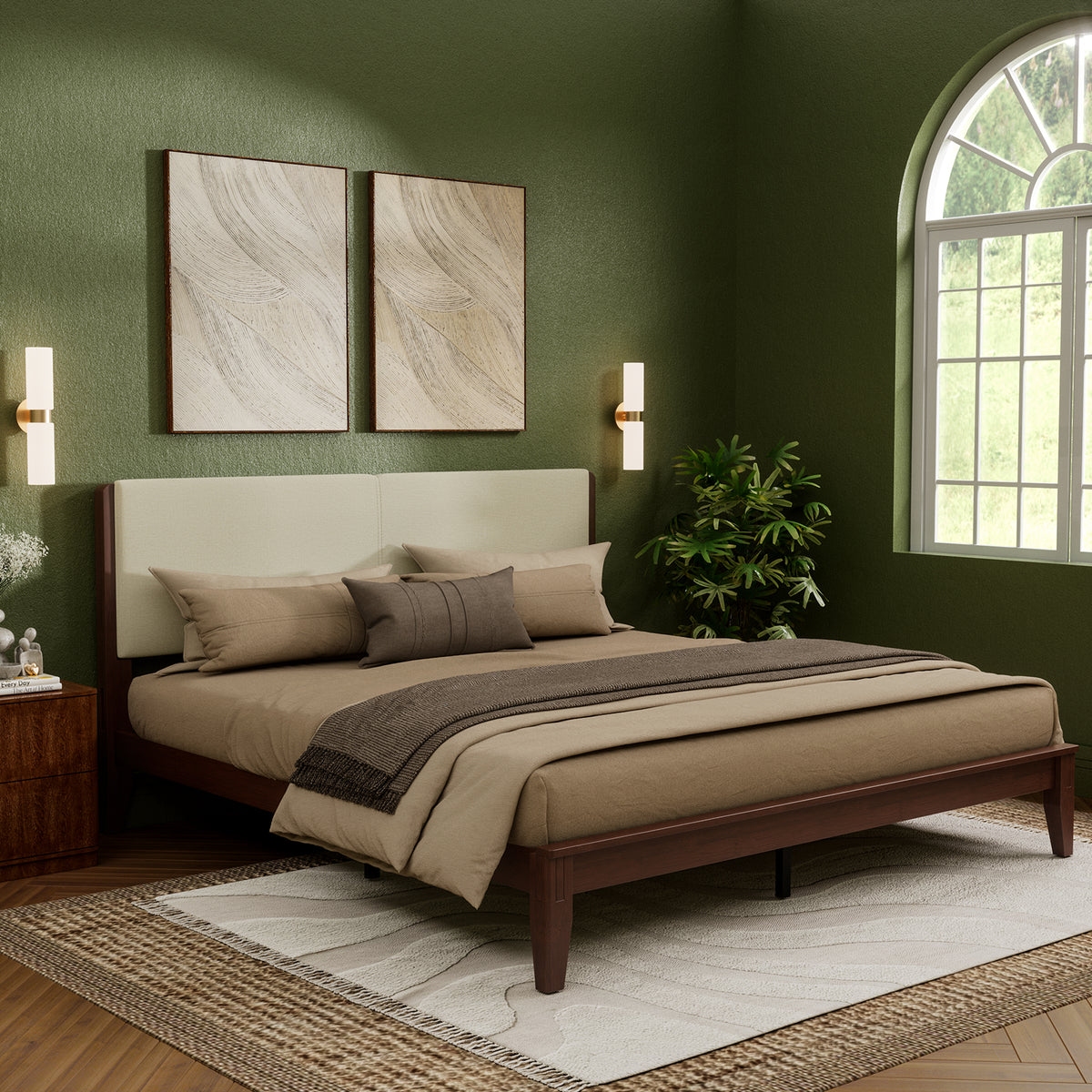 Brafabhome Bed Frame with Upholstered Headboard, Joinery Bamboo Wood Platform Bed with Noise Free Wood Slats, Easy Assembly, No Box Spring Needed