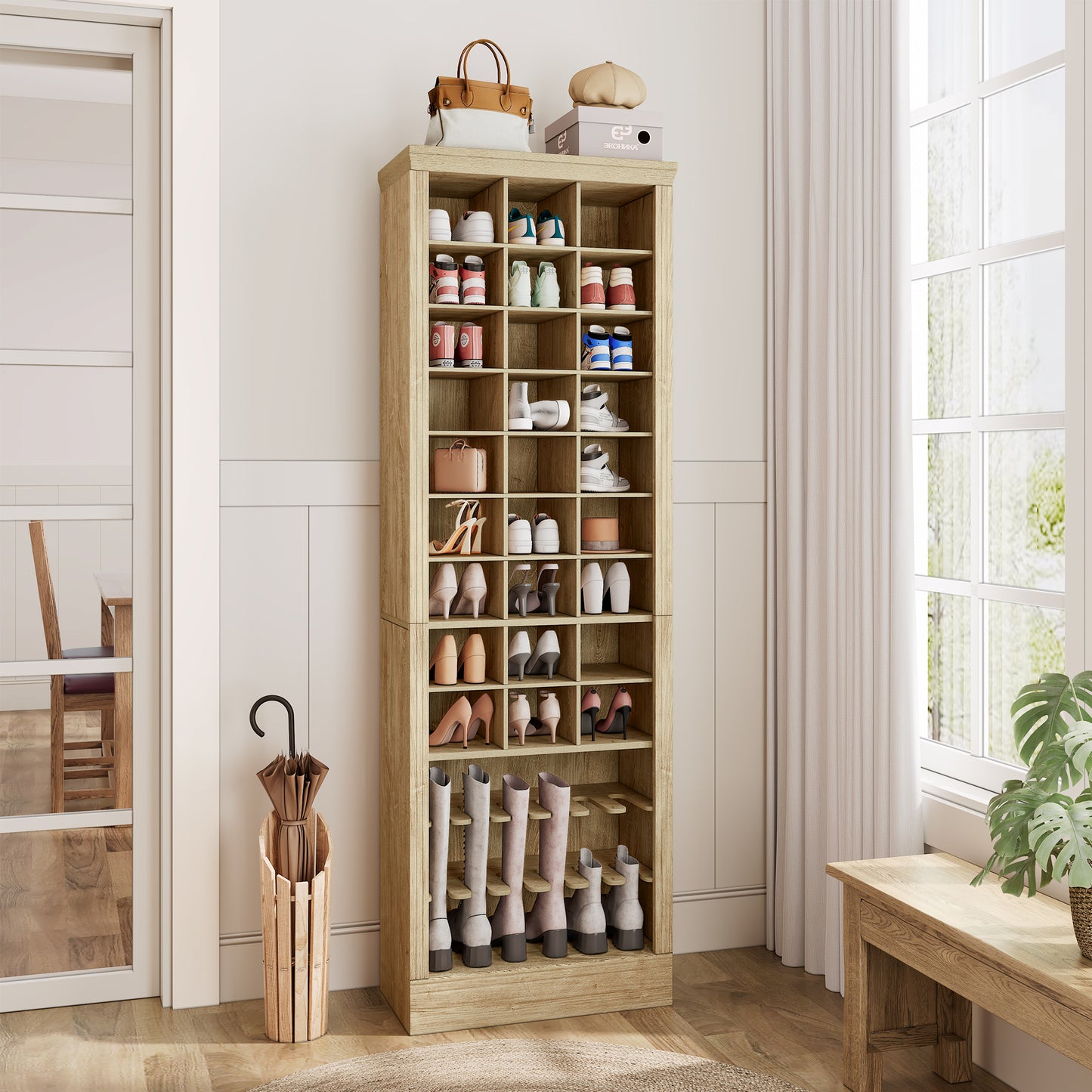 Brafabhome 9-Tier Wood Shoe Storage Cabinet, Holds 30 Pairs, Freestanding 74.9" Tall Shoe Closet Organizer, Handbag Storage Rack for Entryway Bedroom