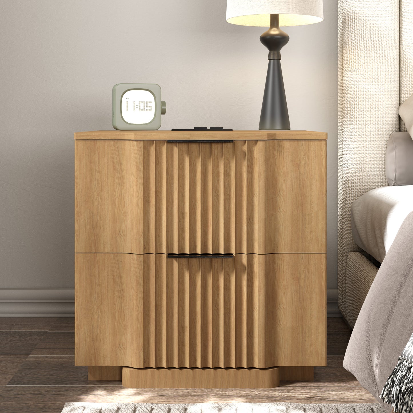rafabhome Curved Profile Fluted Nightstand with Charging Station, Modern Large Nightstands with Drawer, Wood Bedside Table with Open Shelf for Bedroom Living Room Home Office