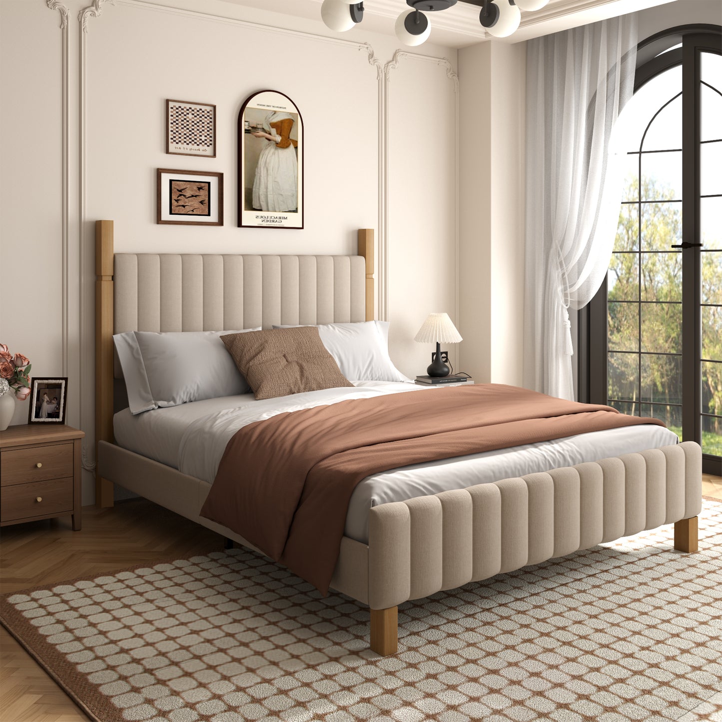 Brafabhome Bed Frame with Upholstered Headboard, Modern Wood Bed Frame with Solid Wood Posts, No Box Spring Needed, Beige Linen