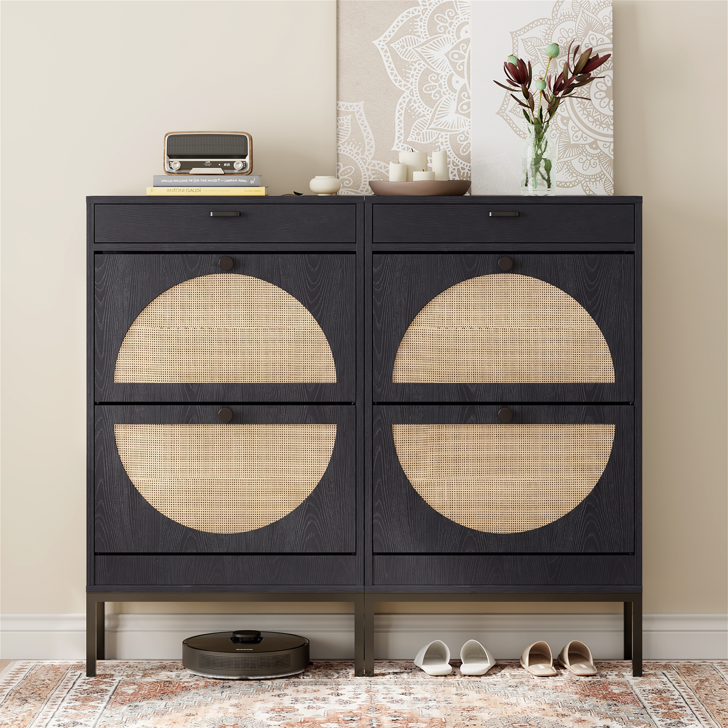 Brafabhome Narrow Shoe Storage Cabinet with 2 Flip Drawers, Rattan Floor Shoe Holder with Shelves & Sturdy Legs for Entryway | 12 Pairs
