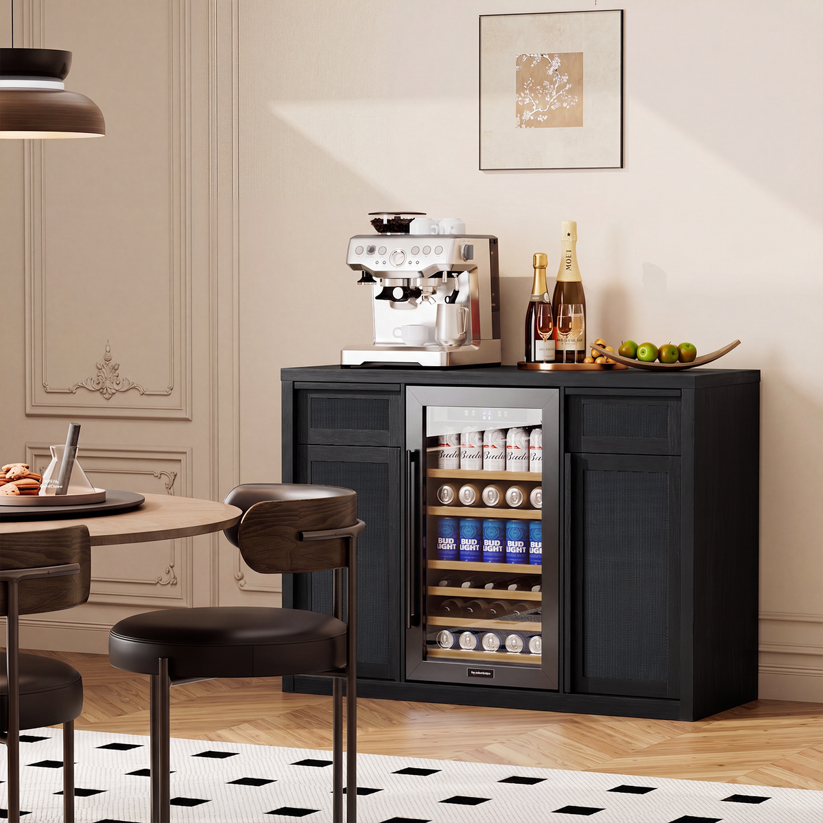 Brafabhome Wine Bar Cabinet with Fridge Space, Liquor Coffee Station with Glass Holder, Snack Organizer with Storage, Mini Fridge Cabinet With Charging Station for Home Theater or Game Room