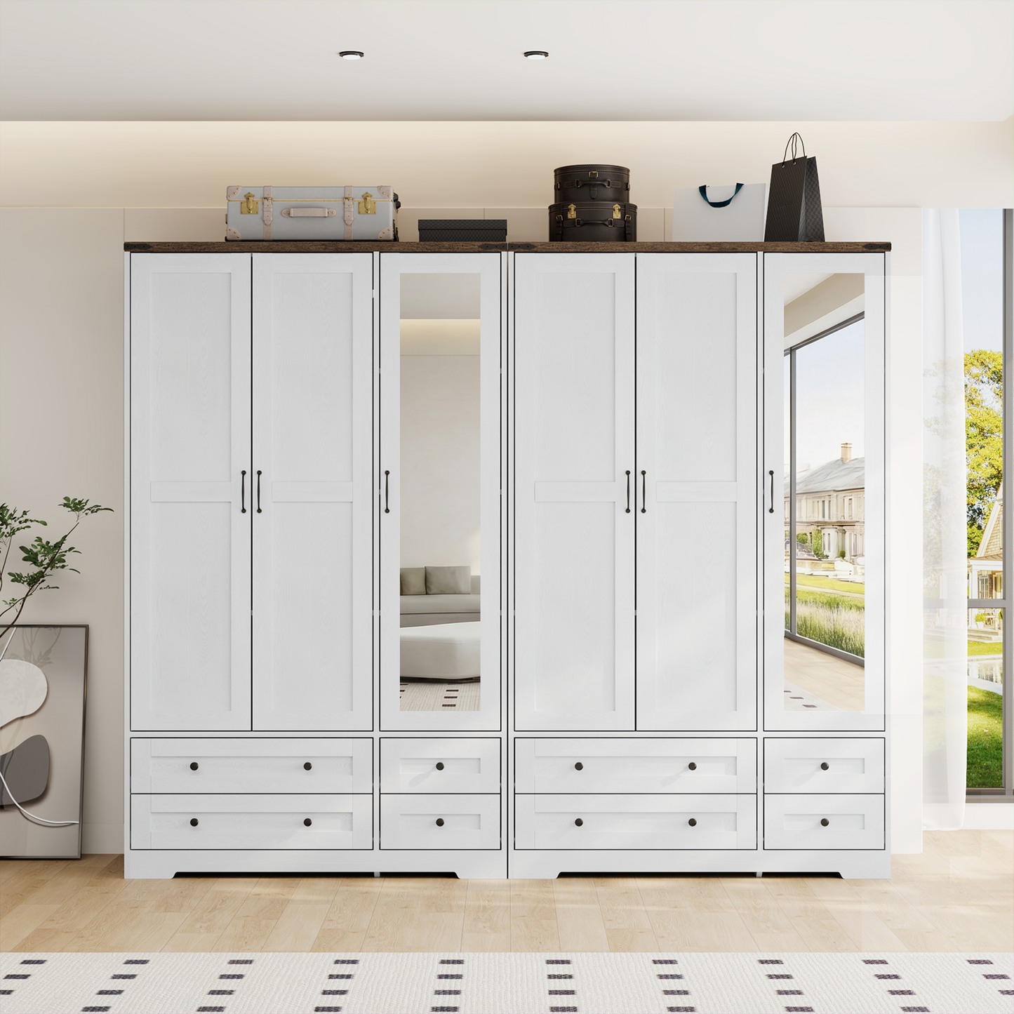 Brafabhome 71"H Wooden Armoire Wardrobe Closet with 4 Drawers, 3 Doors Modern Wardrobe Cabinet with Mirror and Adjustable Shelf for Clothes Coats, White