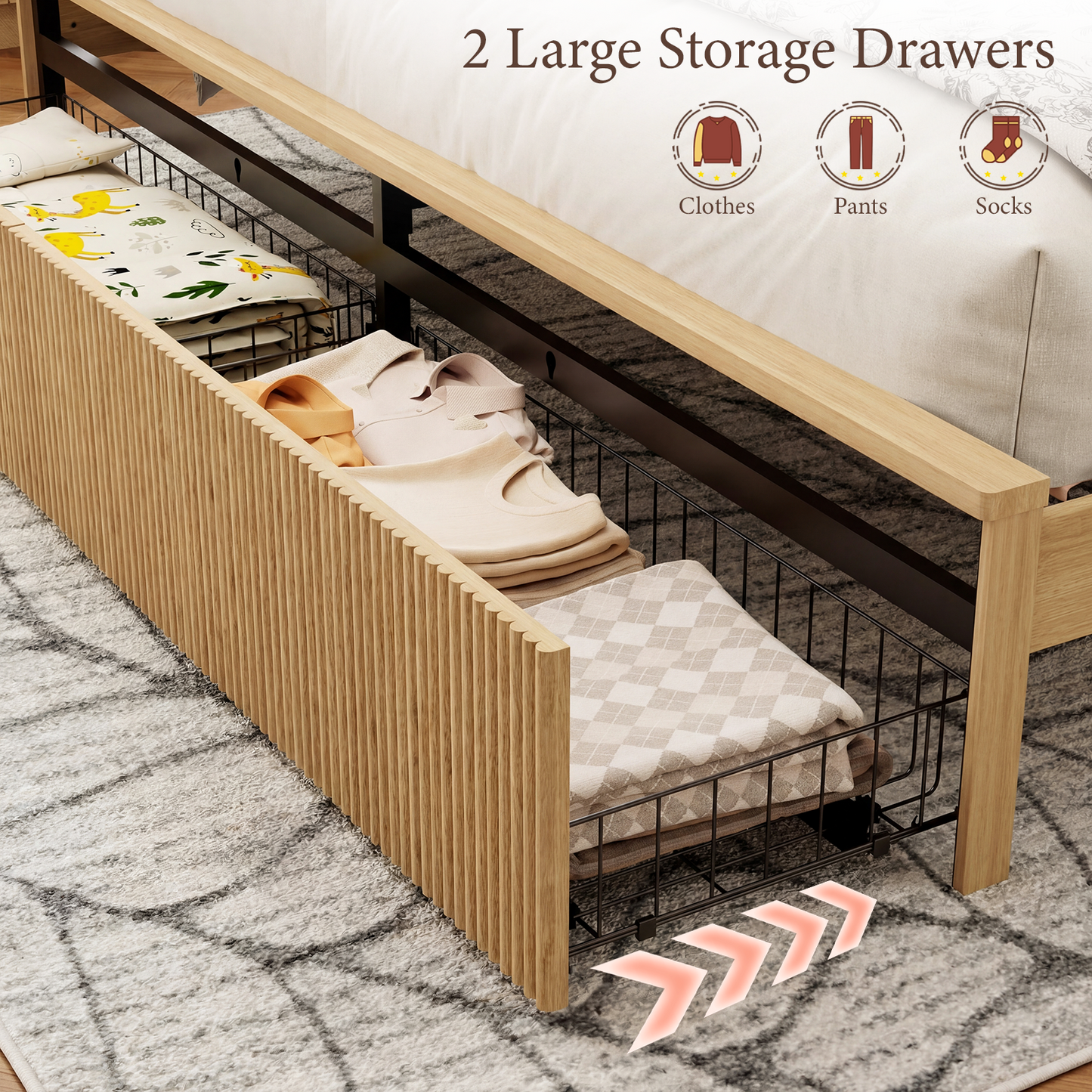 Brafabhome Bed Frame with 52.4" Tall Headboard, Wooden Fluted Bed Frame with 2 Storage Drawers, Modern Arched Reeded Platform Bed, No Box Spring Needed, Natural Oak