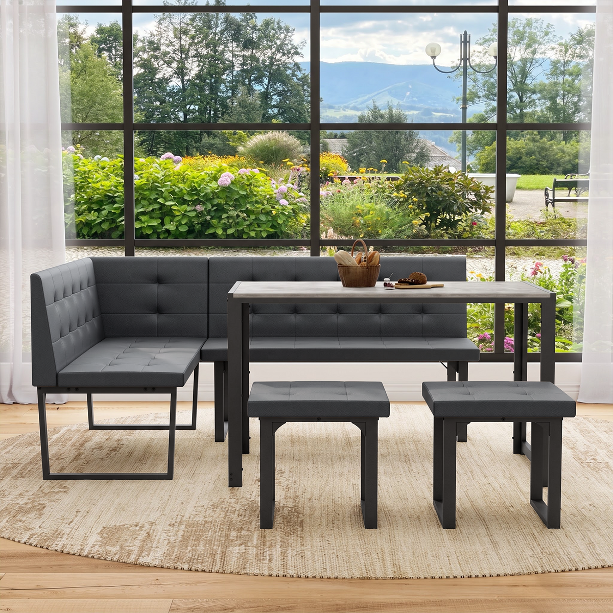 Brafabhome 5 Piece 70 Inch Corner Dining Table Set, Modern L-Shaped Breakfast Nook with Upholstered Banquette, Kitchen Table with Storage for 6, Easy Assembly | Gray