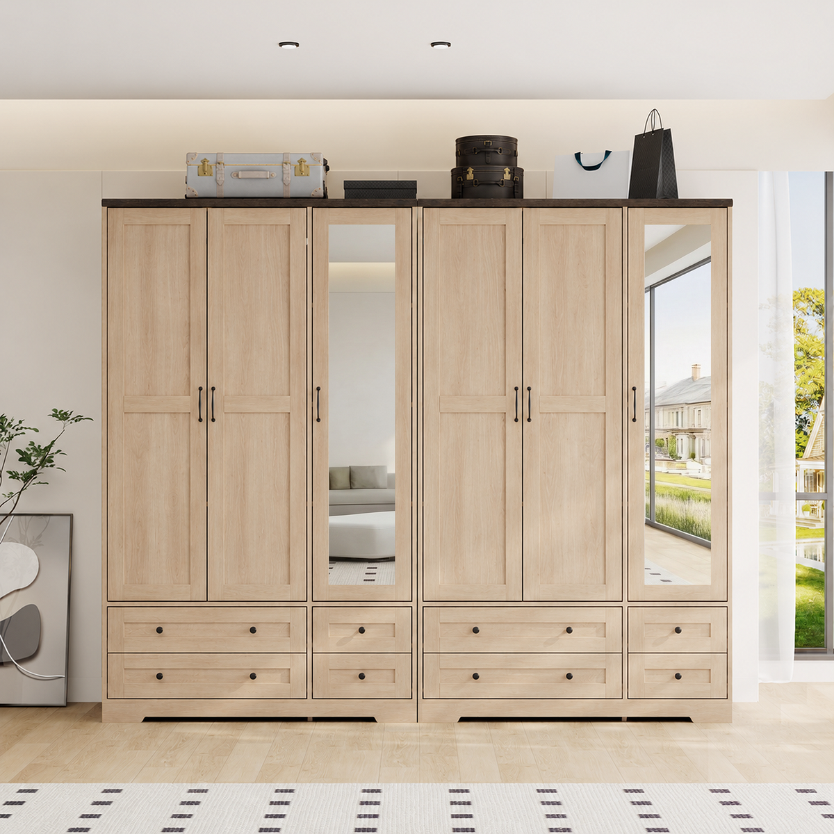 Brafabhome 71"H Wooden Armoire Wardrobe Closet with 4 Drawers, 3 Doors Modern Wardrobe Cabinet with Mirror and Adjustable Shelf for Clothes Coats, White