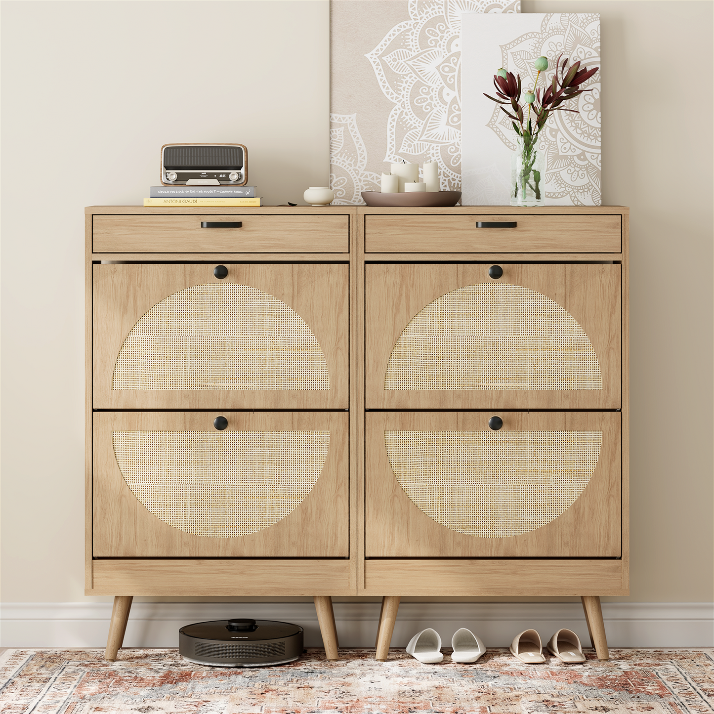 Brafabhome Narrow Shoe Storage Cabinet with 2 Flip Drawers, Rattan Floor Shoe Holder with Shelves & Sturdy Legs for Entryway | 12 Pairs